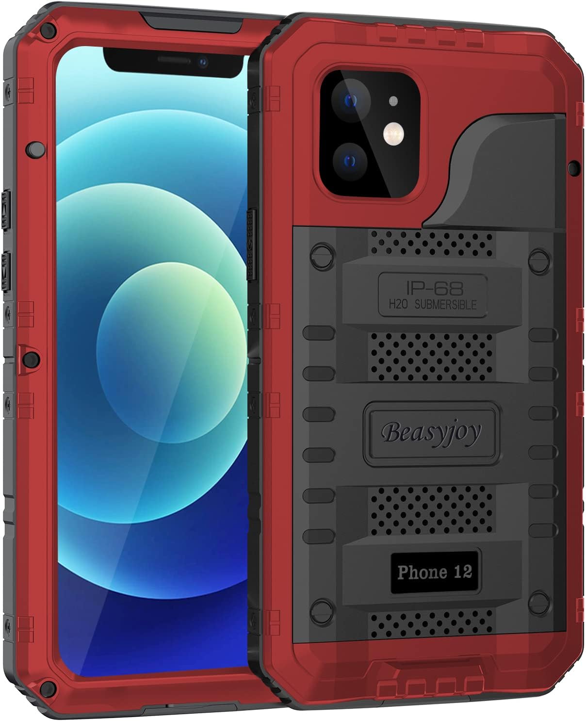 Beasyjoy for iPhone 12 Case, Waterproof Heavy Duty Case with Built-in Screen Protector Full Body Protective Rugged Cover, Military Grade Shockproof Dustproof Metal Case 6.1 Inch, Red
