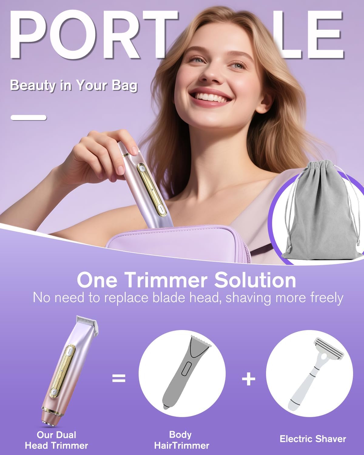 2 in 1 Electric Bikini Shaver for Women - 2025 Dual Head Bikini Trimmer for Women IPX7 Waterproof Wet & Dry Use Bikini Razor for Travel Rechargeable Electric Razor for Underarm Leg Arm,Purple - Image 8