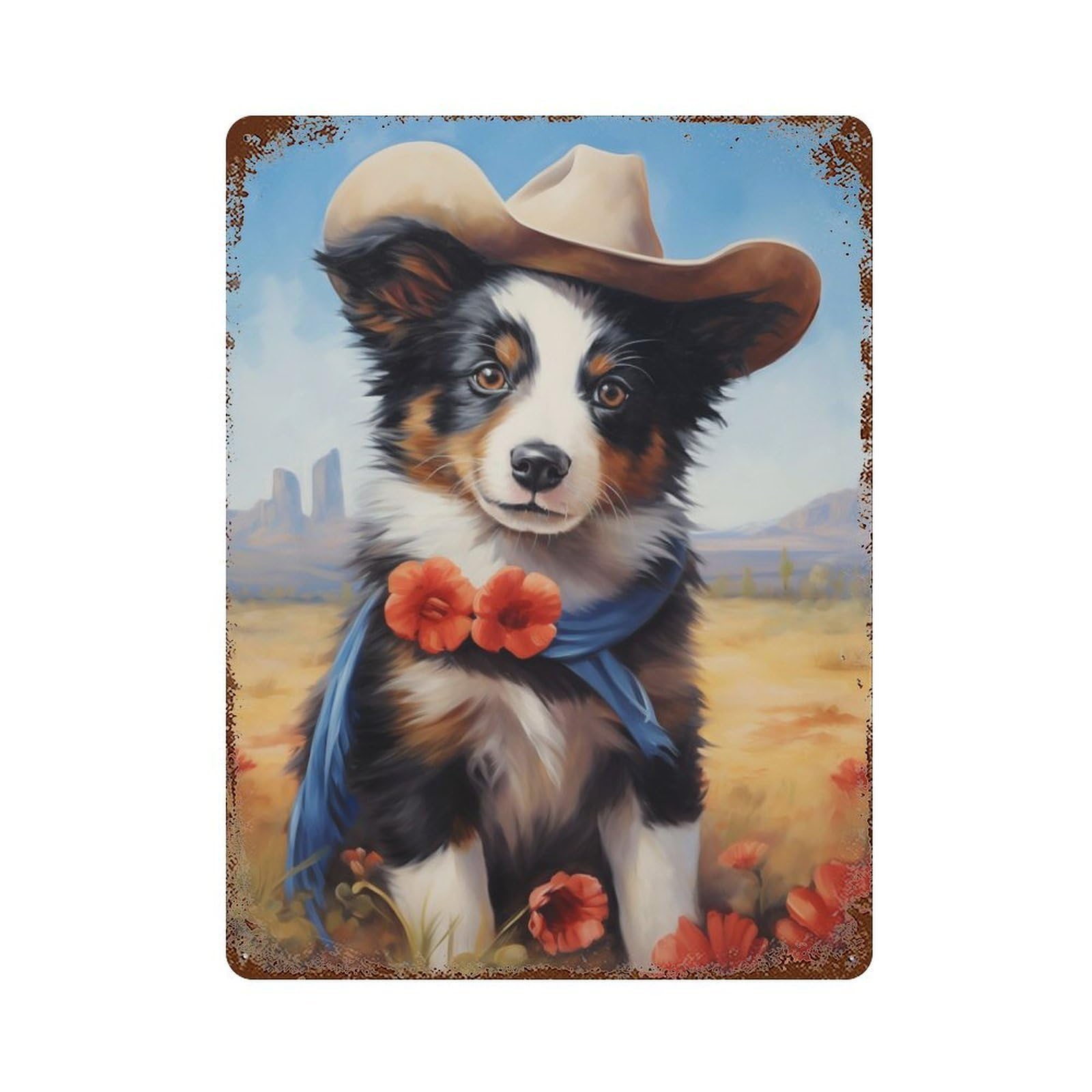 Distressed Metal Wall Sign Puppy Cowboy 15.7"x11.8", Vintage Wall Decor for Garage, Bar And Workshop Decor