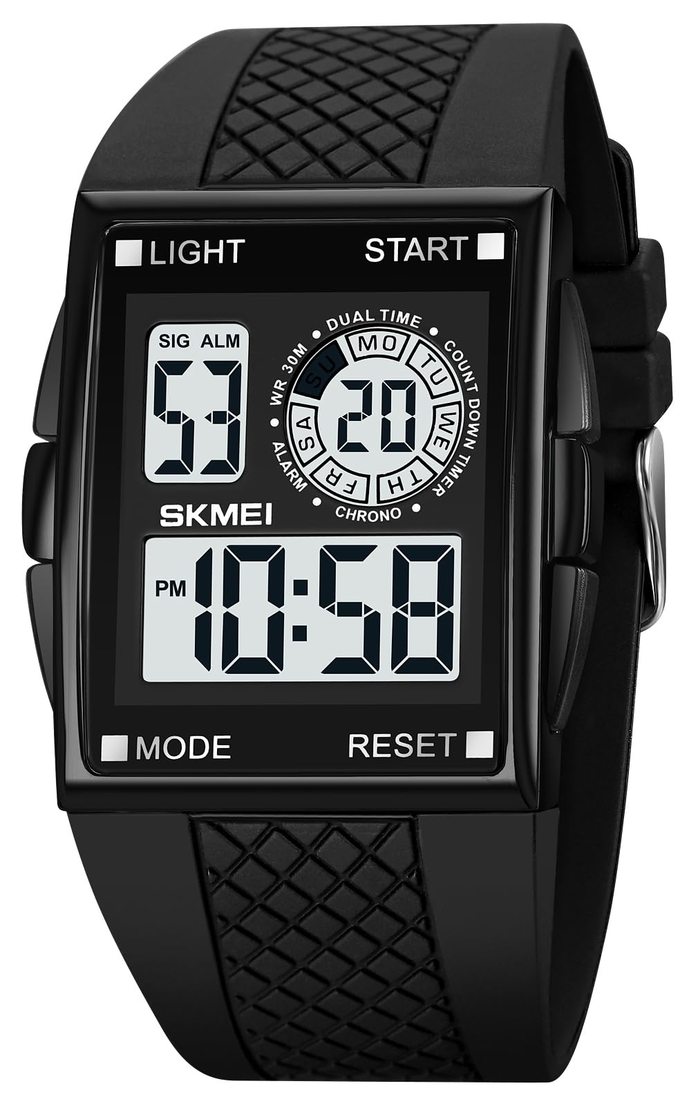 Men's Rectangle Dial Sports Wrist Watches with 7 Colors Optional LED Backlight Multifunctional Alarm Stopwatch 12/24H Rubber Strap Watch