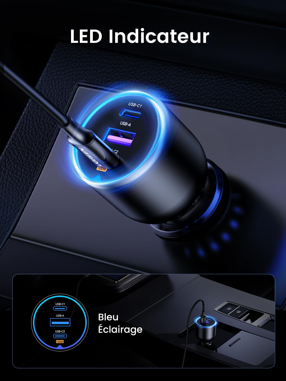 UGREEN 130W Chargeur Allume Cigare USB C 3 Ports 45W PPS PD QC 3.0 Chargeur Voiture Charge Rapide AFC Compatible avec iPhone 17 Pro Max Air 16 15 MacBook Pro Air iPad Galaxy S25 Ultra S24 Steam Deck