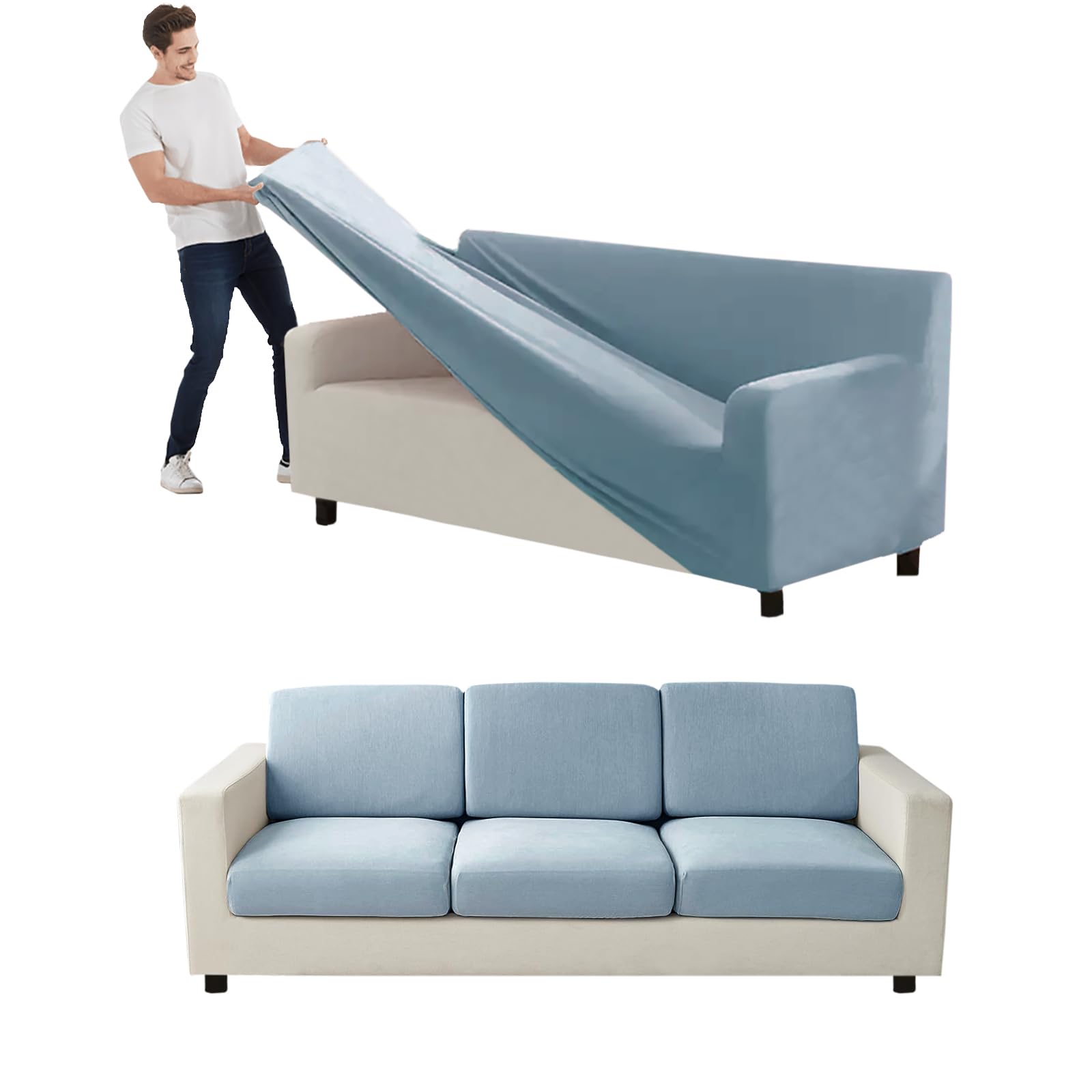 VFGFDJNDFX Couch Cover Velvet, Stretch Sofa Covers with Separate Main Cover Backrests and Seat Cushions Couch Cover, for Living Room Furniture Slipcovers (Light Blue,Sofa - Large 9 PCS)