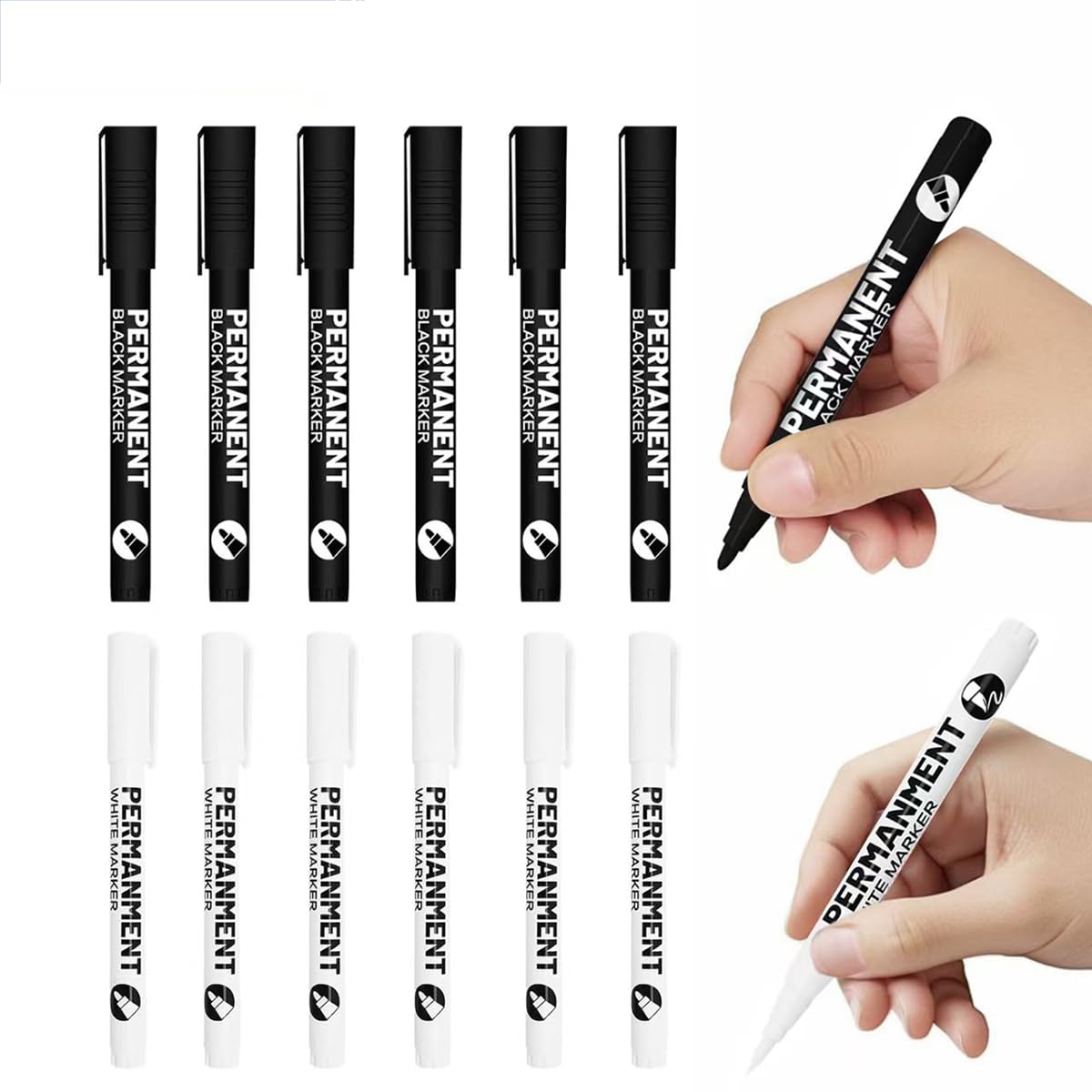 Rotulador permanente impermeable acrílico punta redonda de 2 mm de secado rápido para la mayoría de las aplicaciones (6 blancos + 6 negros)