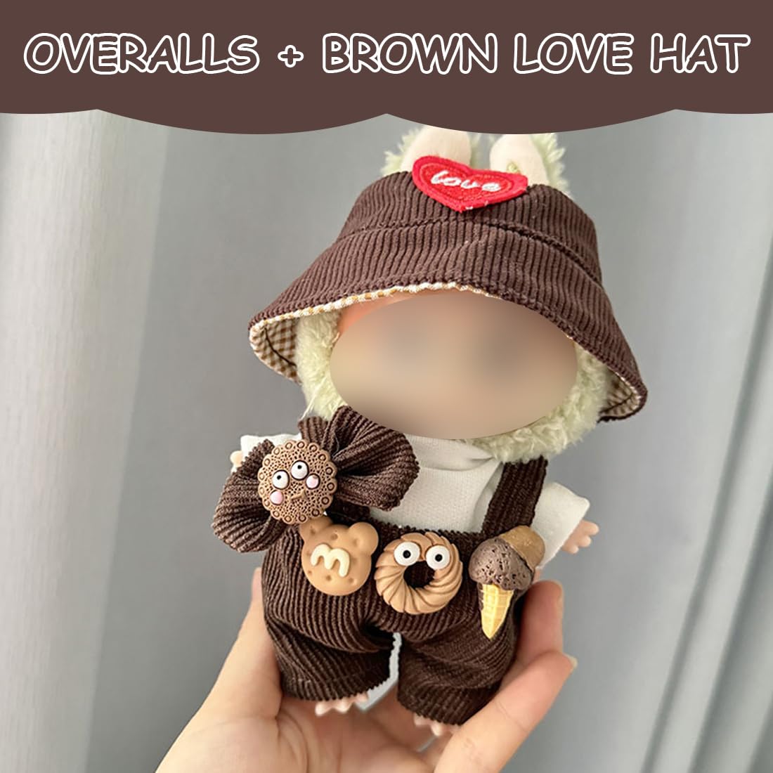 NHQZ Vêtements Pour Poupées Labubu De 17 Cm, Labubu Vetement 17 Cm,1 Chapeau, 1 Barboteuse, Sans Poupée, Tenue Avec Nœud Papillon Marron