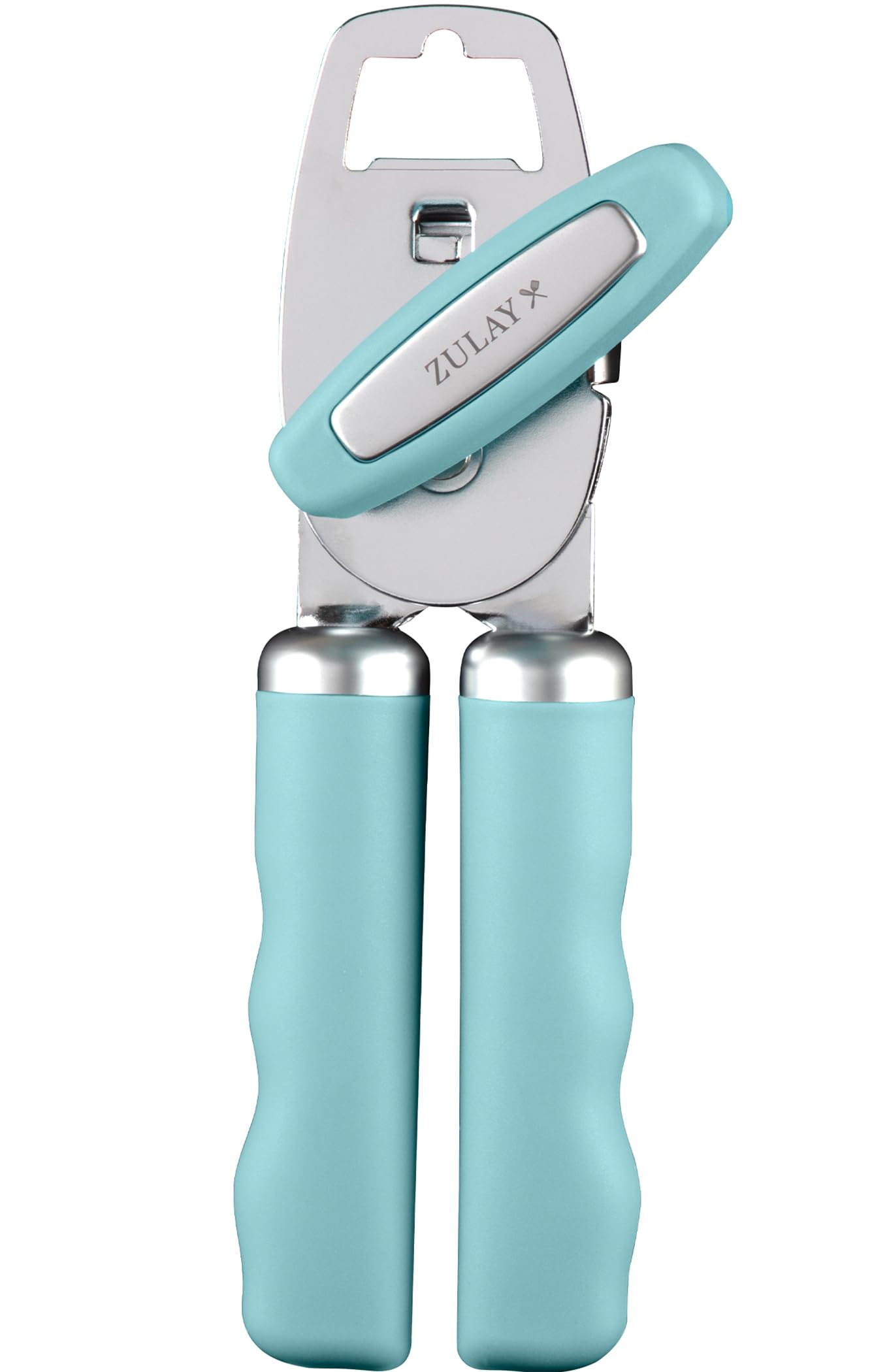 Zulay Kitchen Tin Opener - Heavy Duty Can Opener Manual with Bottle Key - Rust Proof, Stainless Steel, Arthritis-Friendly, Tool for Seniors with Turn Knob & Comfy Soft Good Grip Handles - Dusty Blue