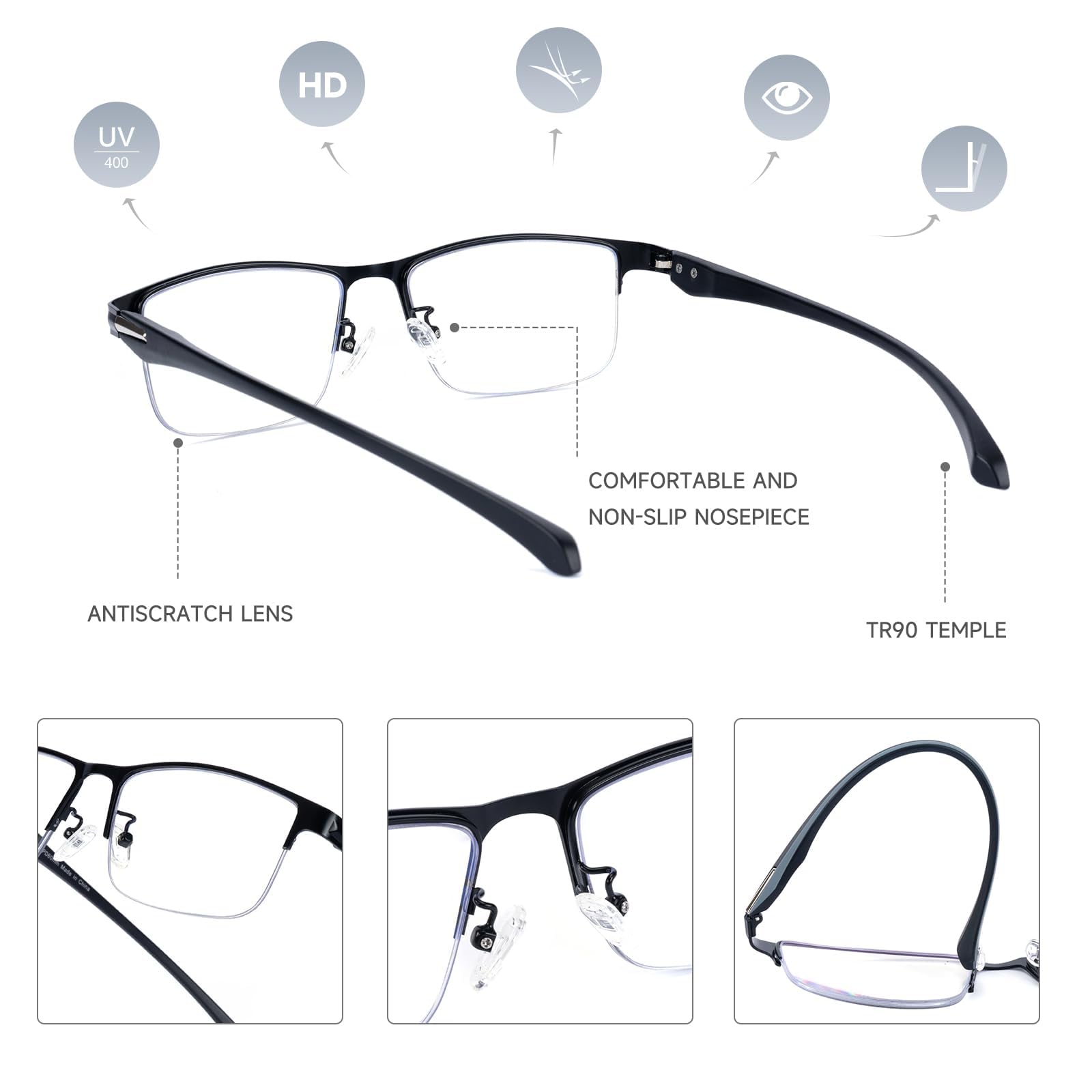 SKYOAK Paquete de 2 lentes de lectura multifocales progresivos para hombre, medio marco, lentes multifocales para lectura de computadora, patillas TR90