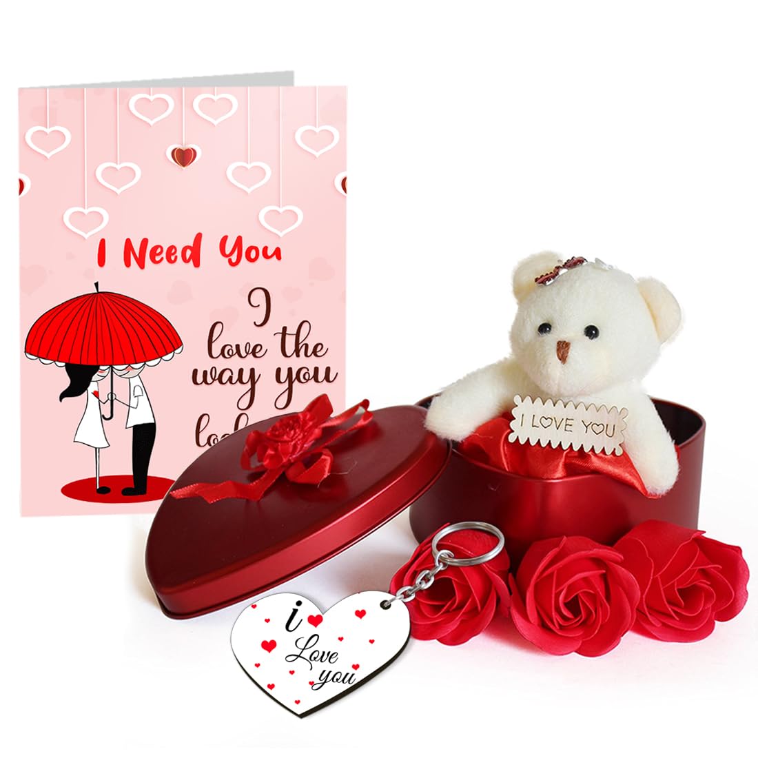 Sky Trends Fabric Heart-shaped Box with Teddy and Roses and Wooden Keychain with Greeting Card(Red)