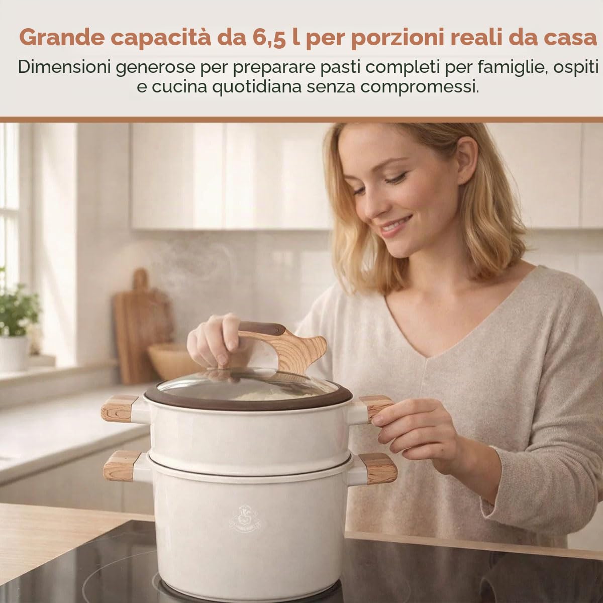 Royal Swiss Pentola per cuocere a vapore per cucinare in modo sano, 24 cm, in acciaio inox, con coperchio in vetro, manici in bambù, adatta a piani cottura a induzione, calore uniforme, facile da