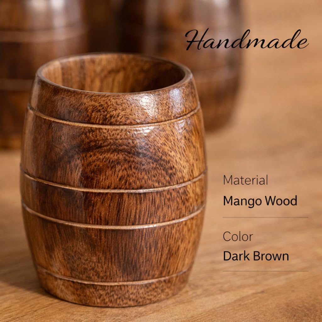 collectiblesBuy Handgefertigte Mangoholzbecher Set mit 6 Stück für Tee aus Holz, fassförmig, Bierkrug, Kaffeebecher, klein, Reisen, Camping, Trinken, tragbarer Becher für Männer, Weinbecher, Bierkrug,