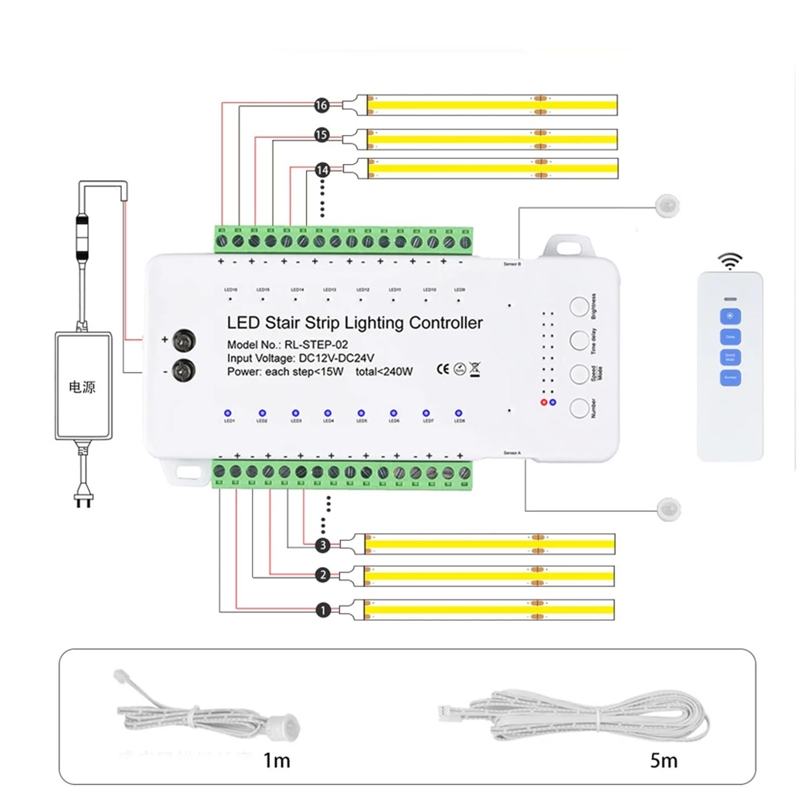 Sensore di movimento for gradini a LED Controller a 16 vie Dimming COB STRIP Luce notturna 12V Illuminazione ambientale domestica flessibile(20M Extend Wire)