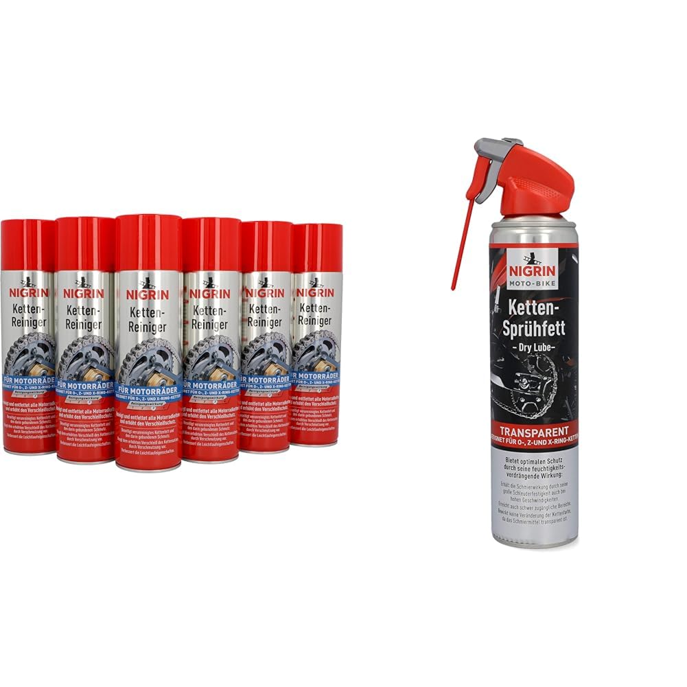 NIGRIN Kettenreiniger, 6 x 500 ml Sprühdose, Kettenspray & MOTO-BIKE Dry Lube Ketten-Sprühfett für Motorrad, 400 ml, geeignet für O-, Z- und X-Ring-Ketten, Korrosionsschutz