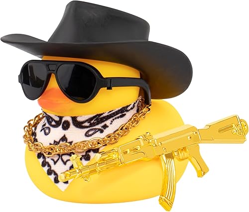 wonuu Adornos de pato de goma para salpicadero de automóvil, accesorios geniales para automóvil, collar y lentes de sol, sombrero de vaquero negro