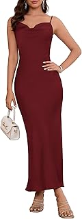 Women's 2025 Summer Satin Dress Spaghetti Strap Elegant Cowl Neck Midi Wedding Cocktail Evening Long Silk Slip Dresses