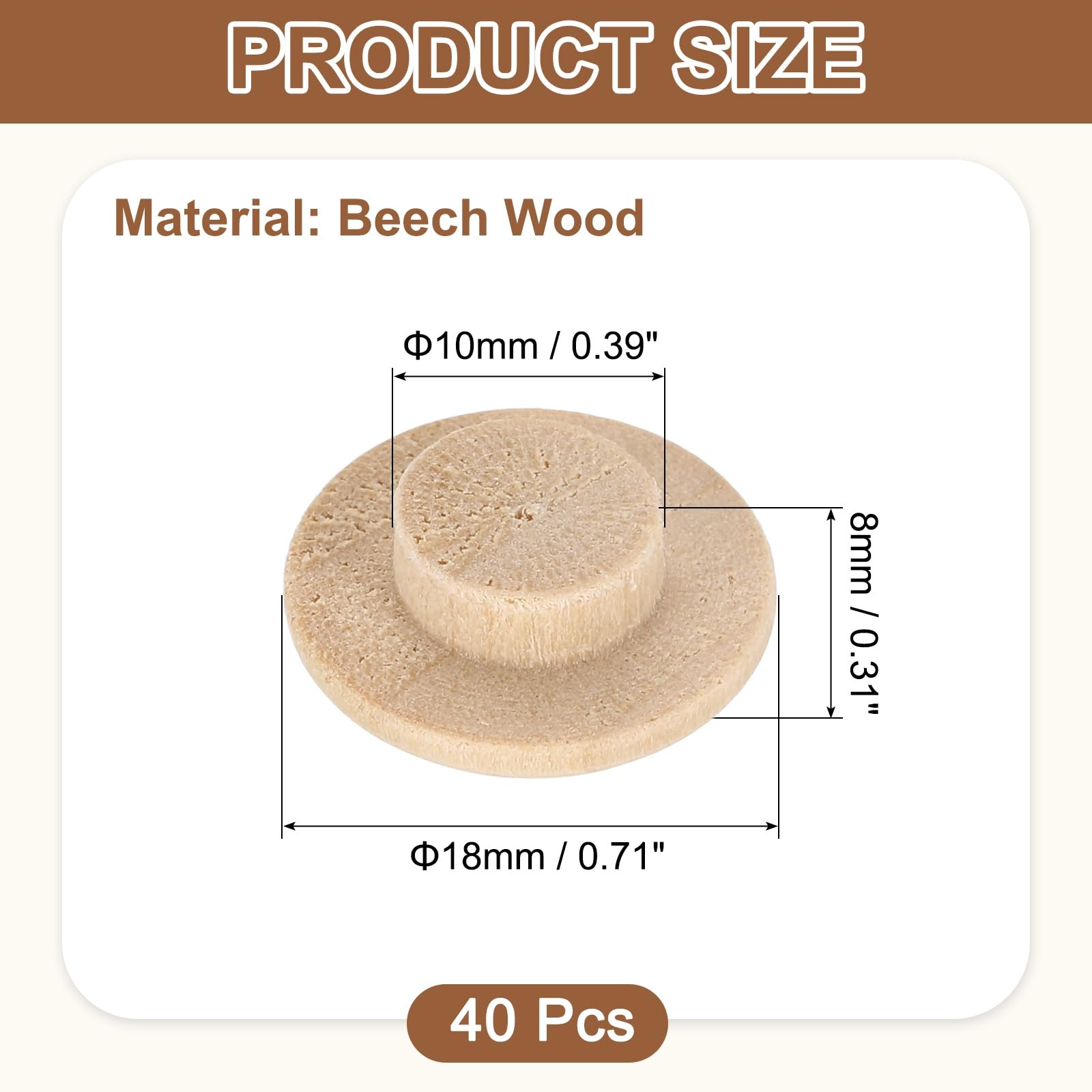 uxcell 40Pcs Wood Button Plugs, 10mm / 0.39