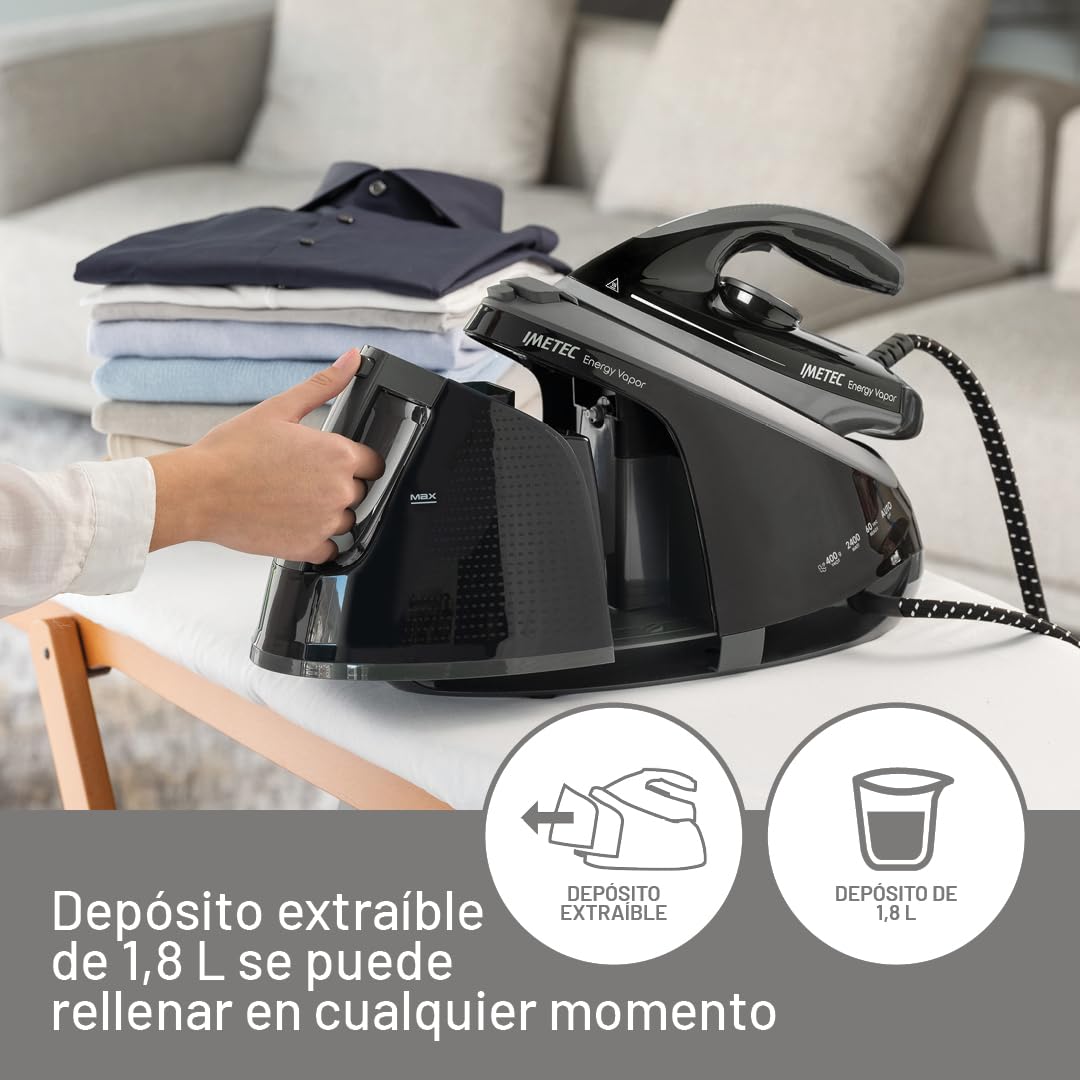 Imetec Energy Vapor Plancha con Generador de Vapor, Bomba de 6,5 BAR, 400 g de Vapor, 2400 W, Suela Fluid Ceramic, Bloqueo de la Plancha, Apagado Automático, Dispositivo de Limpieza, Tecnología ECO