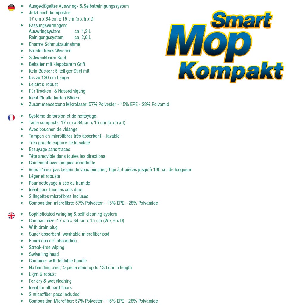 Mocio lavapavimenti Smart Mop| Mocio compatto per pulizia casa con secchio lavapavimenti | Mop lavapavimenti con mocio microfibra | Spazzolone con secchio (Verde)