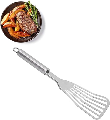 Miniatura 3 de Espátula de pescado de acero inoxidable, espátula giratoria de pescado ranurada de 12 pulgadas con diseño de cabeza inclinada, espátula de metal