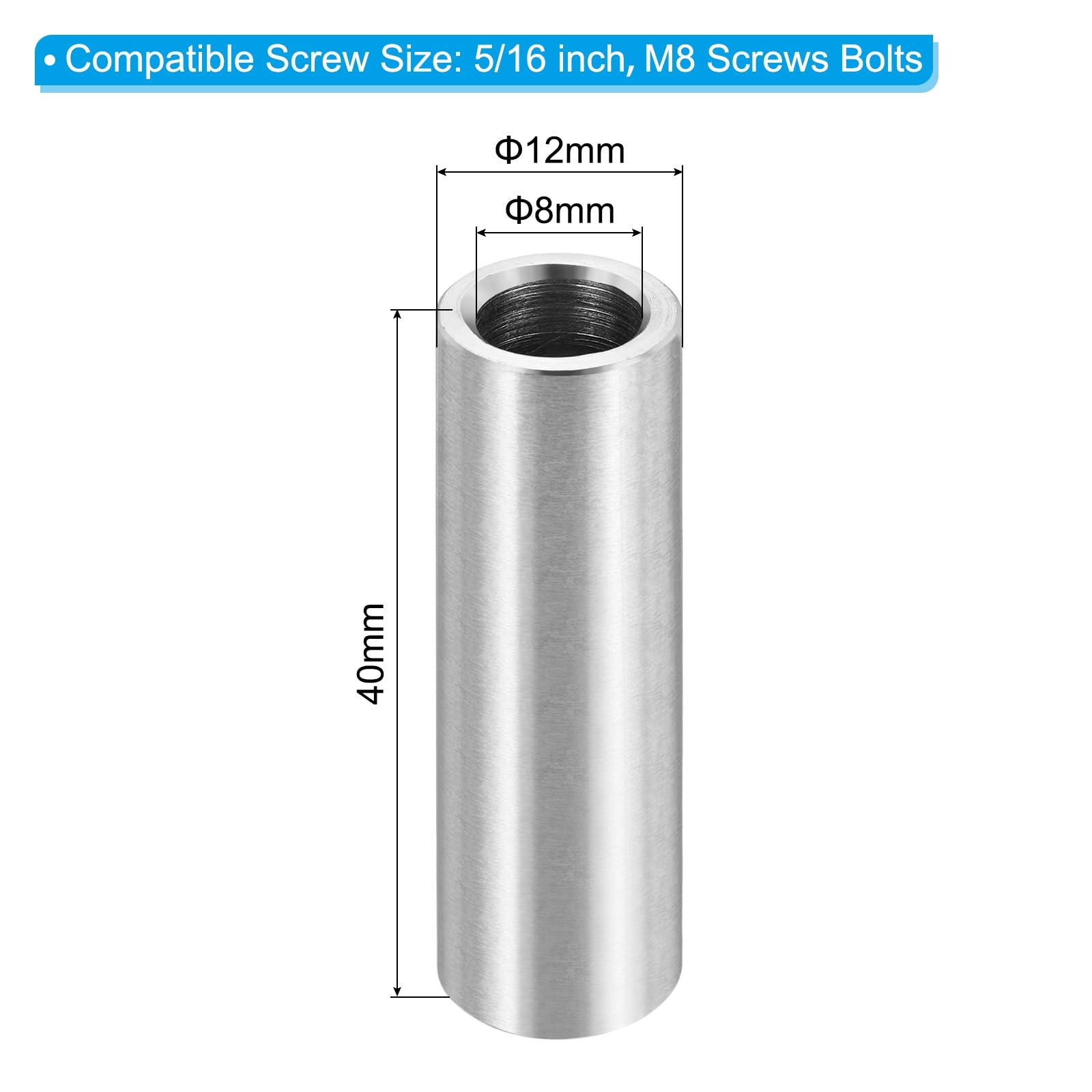 PATIKIL M8 Stainless Steel Spacers, 12Pcs Metal Spacer 8mm ID x 12mm OD x 40mm L Screw Standoff for 5/16" or M8 Screw - Image 2