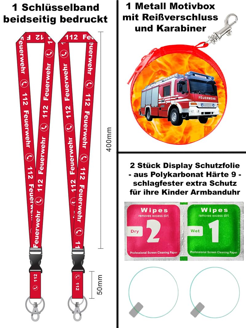 Geschenkset Feuerwehr Armbanduhr Jungen Kinderuhr Lernuhr Geldbörse Schlüsselband Display Schutz Motivdose 2 Armbänder