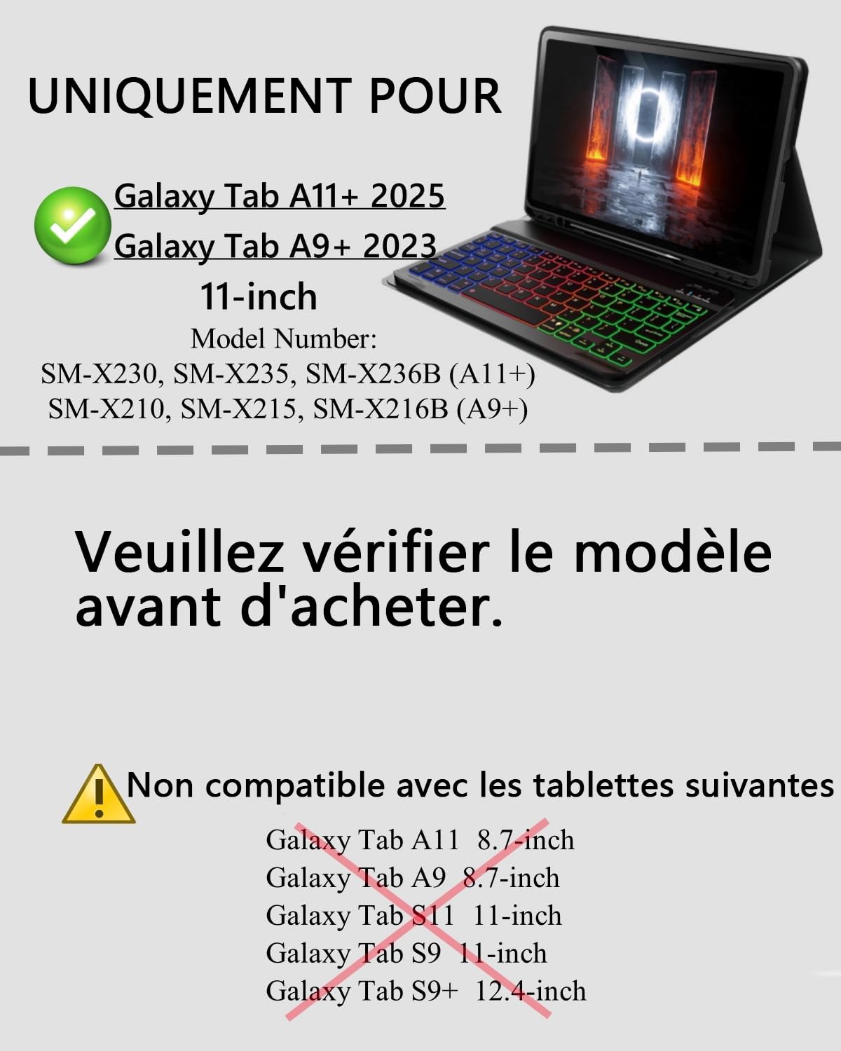 pour Samsung Galaxy Tab A11+ Plus(2025)/Samsung Galaxy Tab A9+ Plus(2023) 11 Pouces Coque Étui avec Bluetooth sans Fil Français (AZERTY) Rétroéclairé Clavier Souris Protection Backlight Keyboard Case
