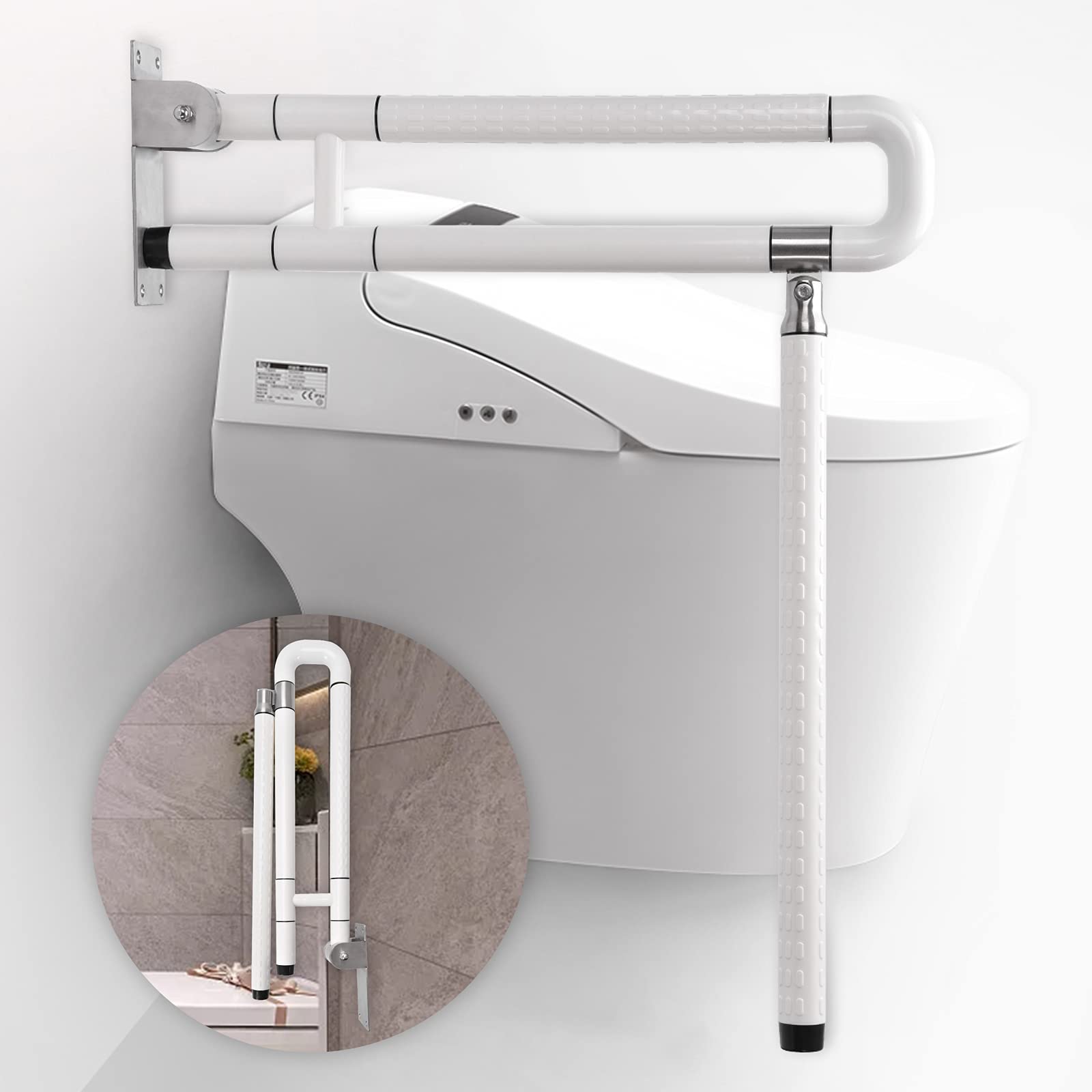 Handicap Grab Bars Rails Foldable Toilet Grab Bar Flip Up Arm Rails Support Anti Slip Shower Assist Aid Safety Rails for Elderly Pregnant Women Disabled Handicap Bar White