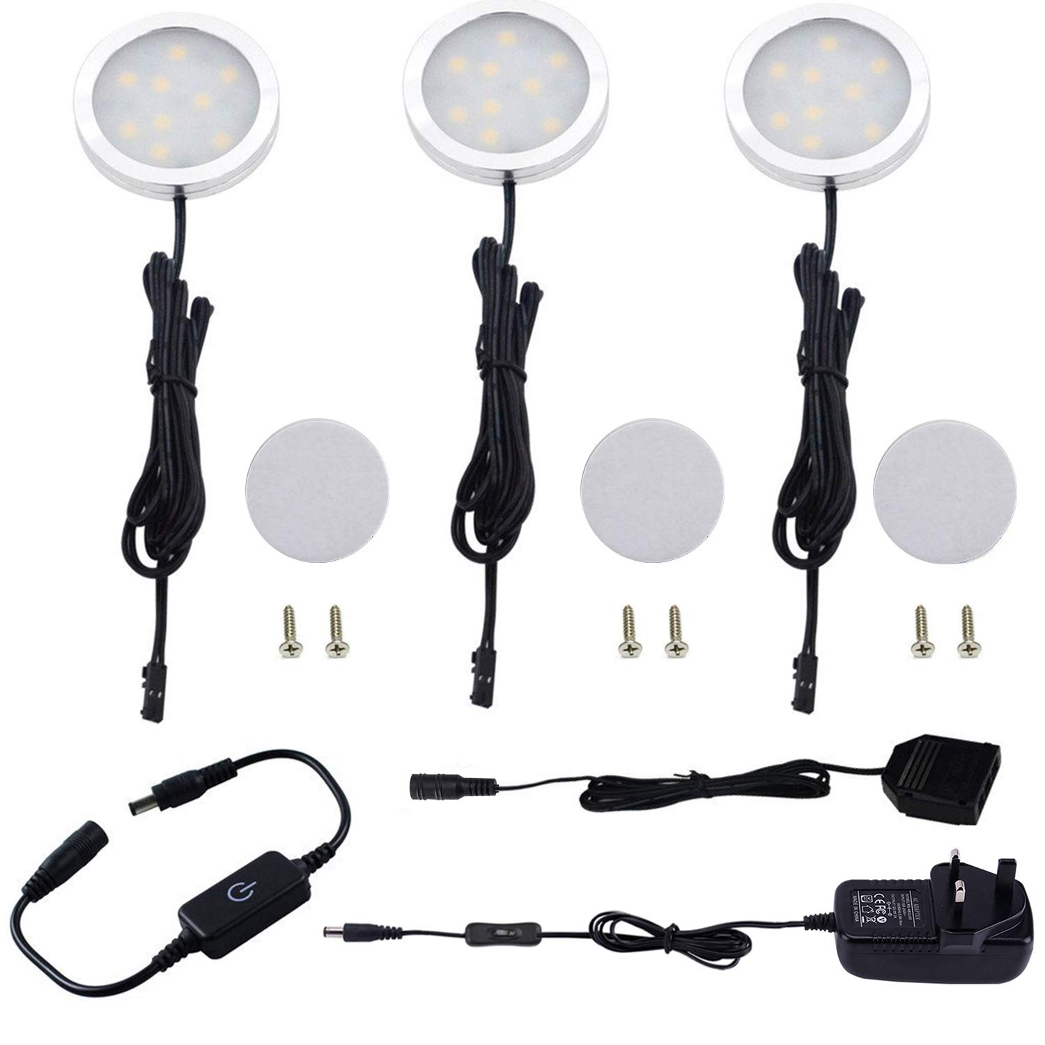 Aiboo Warm White Under Cabinet Lighting Mains, Kitchen Cupboard Lights With Dimmable Touch Dimmer, Ultra Thin Dc 12V Led Puck Lights For Closet, Counter, Cupboard, Shelf, Wardrobe, Set Of 3