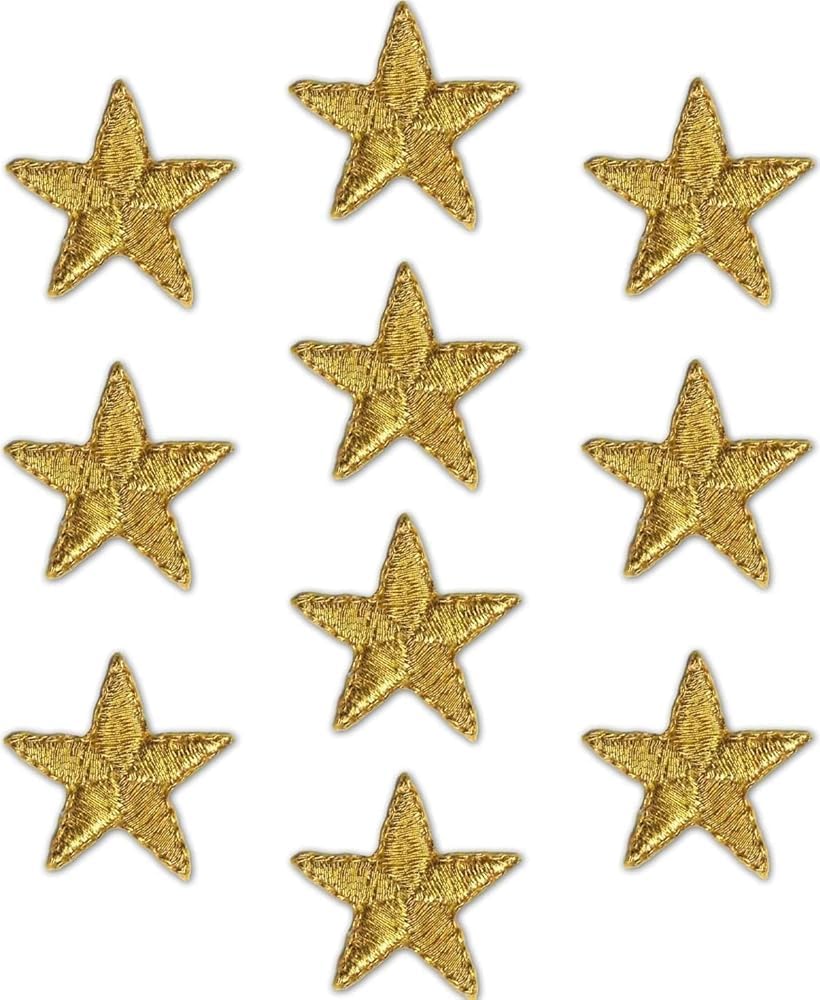 THE WHITE SHOP 10 Pack One Inch Star Patches, Iron On Star Embroidered Patch Applique Embellishments for Clothing, Jackets, Backpacks, and Decorations (GOLD)