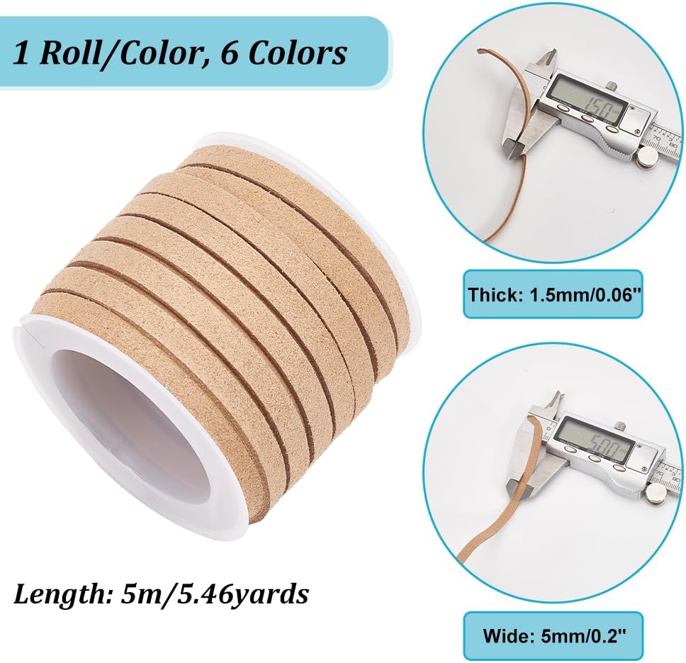 PH PandaHall 5mm Faux Leather Cord 6 Rolls Suede String Flat Suede Cord Thin Leather Lace String for Jewelry Making Tassels Bracelet Necklace Beading Art Crafts Dream Catchers, 32yards/30m