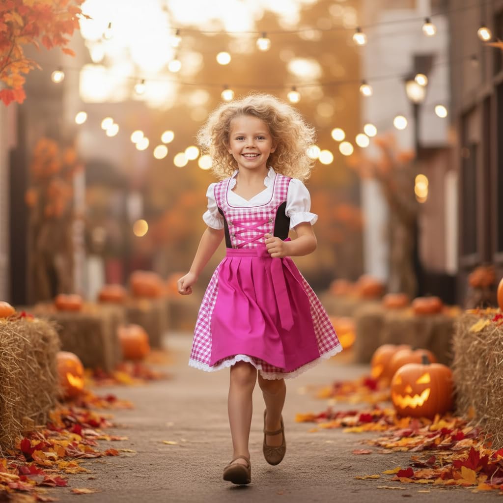 Mädchen Dirndl Set 3-teilig Klassisches Kinder Trachtenkleid mit Bluse & Schürze – Oktoberfest/Festlich – 92–152