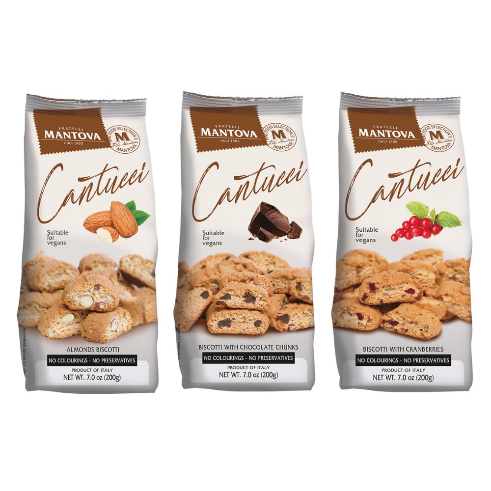 Mantova Cantucci Variety Set, 7 oz. (Pack of 3), Product of Italy, Traditional, Twice-Baked, Crunchy Biscotti with Almonds, Chocolate Chunks and Cranberries, Crumbly Cookies Perfect as Breakfast, Snack and Dessert, Pairs well with Coffee, Tea, Chai, Cappuccino, Latte, Macchiato, Vin Santo, Vegan-Friendly, No Artificial Coloring or Preservatives