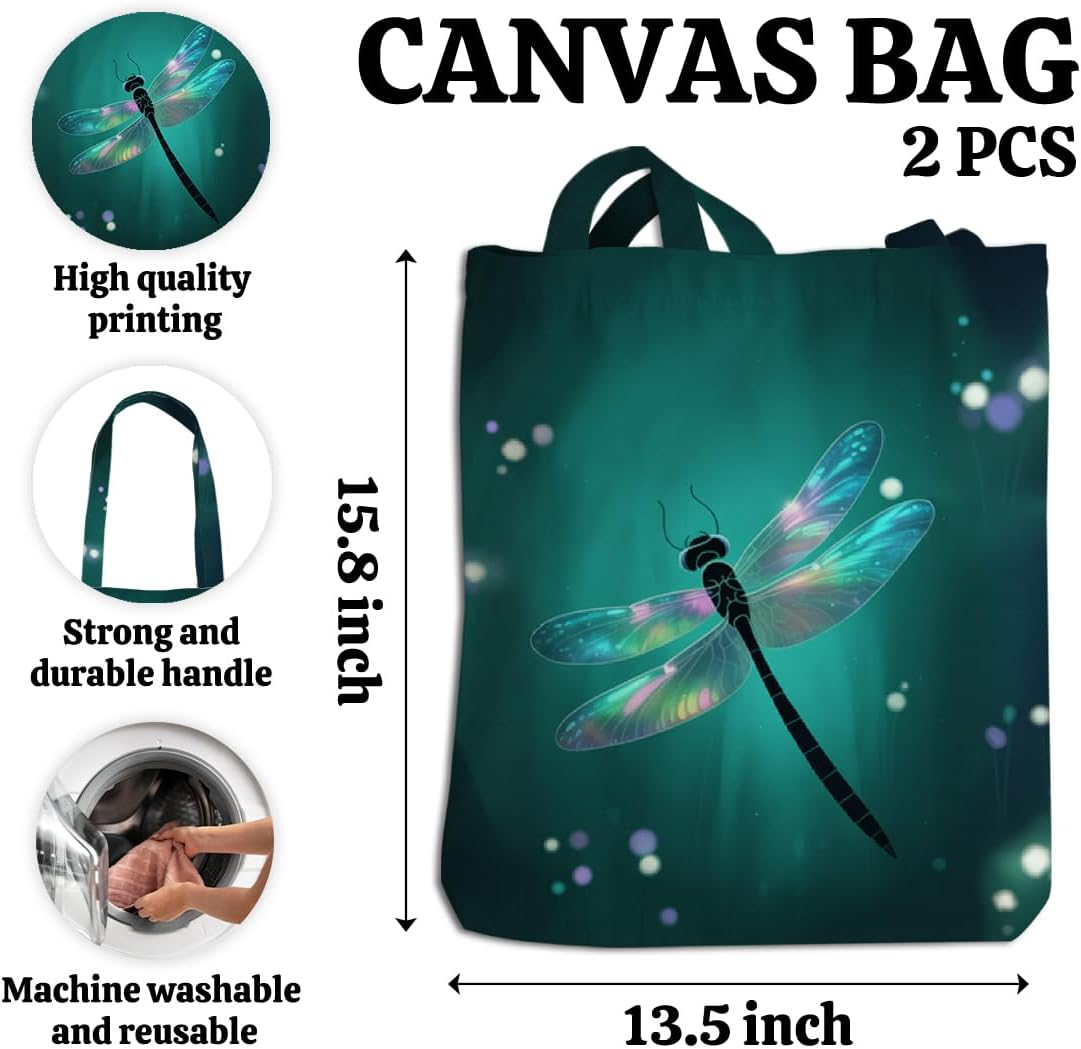 2 Pcs Canvas Tote Bag With Zipper Pockets, Cute Tote Bag Aesthetic Reusable Grocery Bags Shopping Beach Shoulder Bag - Image 4