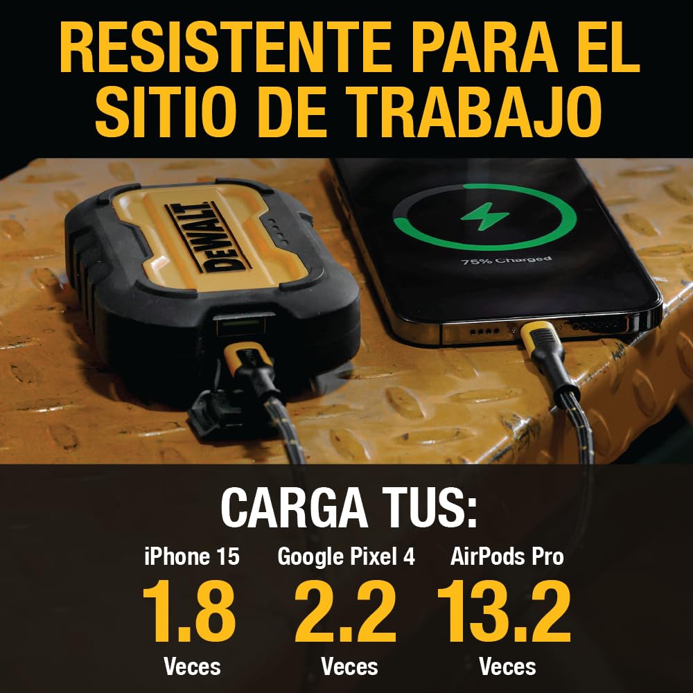DEWALT Power Bank Resistente de Uso Intensivo, Batería Externa Portátil 10.000 mAh con Puerto USB-C, Cargador de Viaje y Trabajo para iPhone 17/16 Plus Pro MAX, iPhone 15/14/13, Samsung Galaxy | Batería con puerto USB-C para iPhone 17/16 Plus Pro Max, iPh