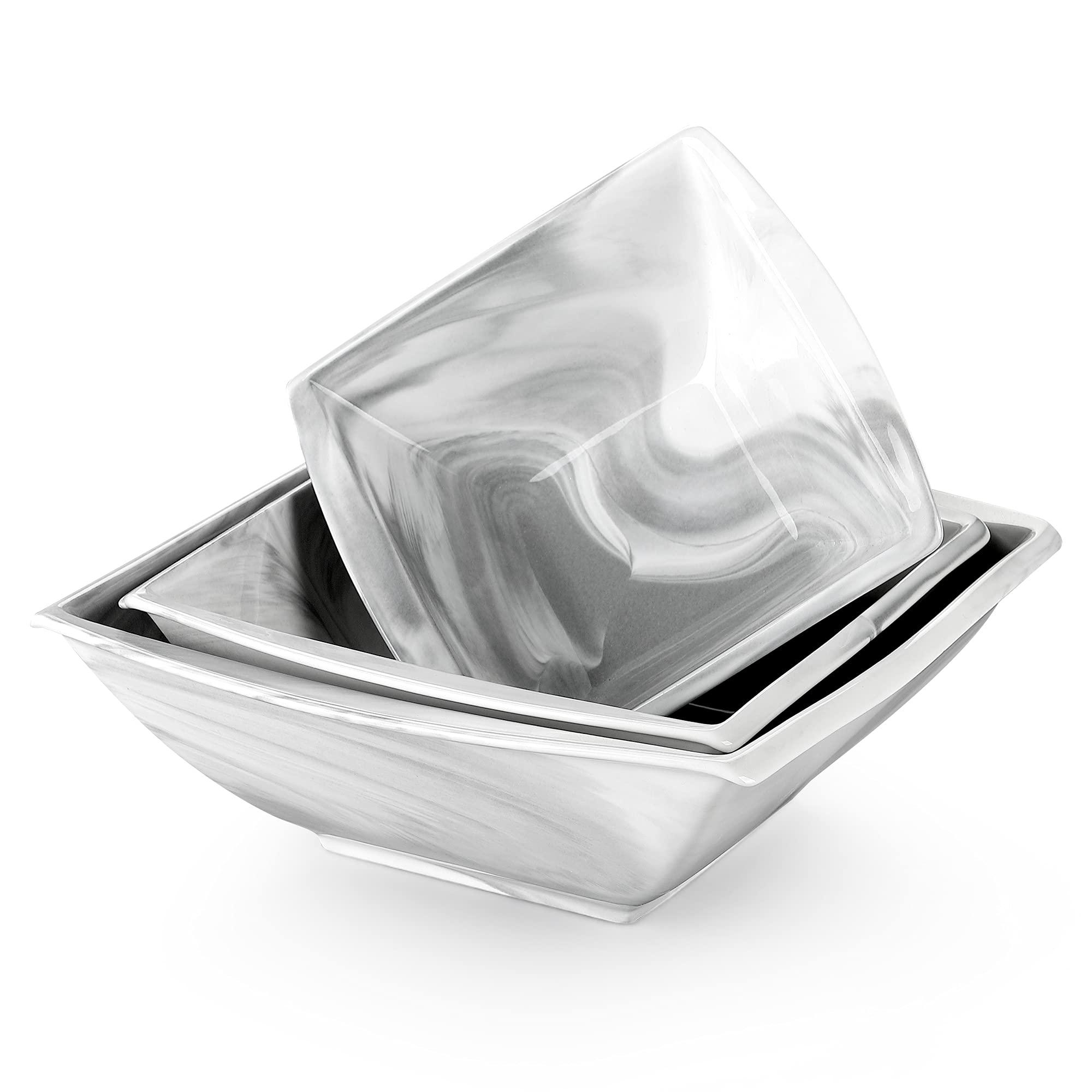 MALACASA, Series Blance, Soup Bowl Set Marble Grey Porcelain Bowl with 6.75" Cereal Bowl/8" Deep Bowl/9.25" Square Bowl, Set of 3