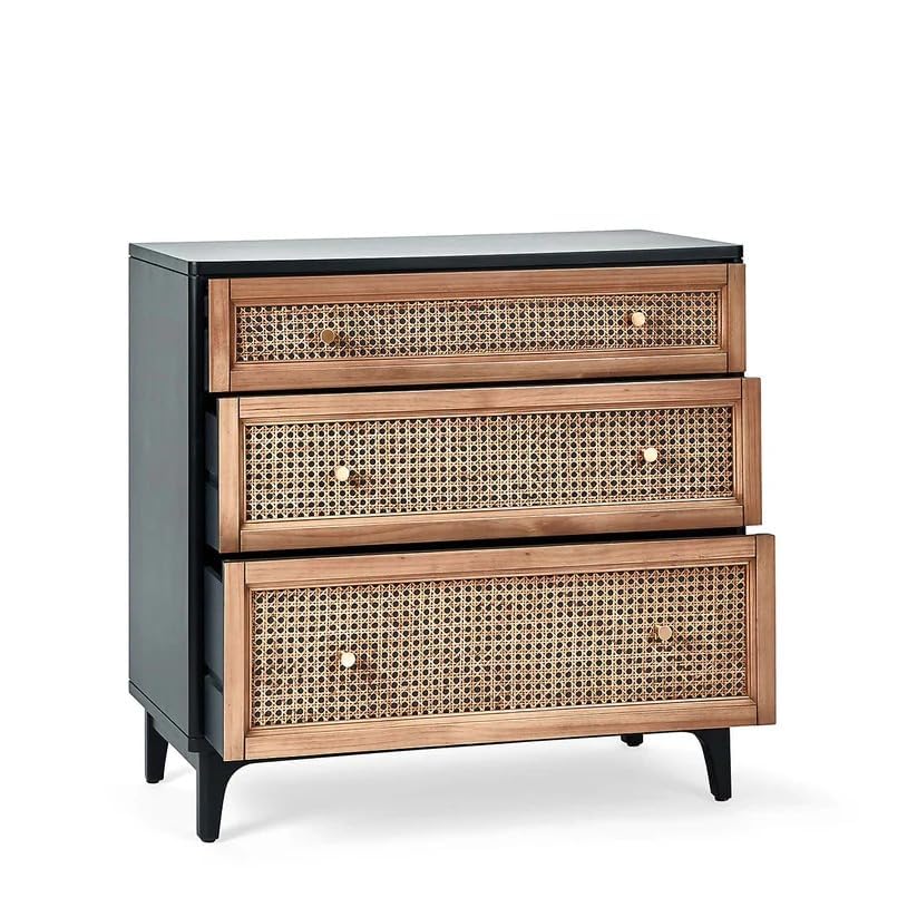 Image of Modern 3-Drawer Chest, Cane Woven Front Panels, Natural Wood and Black Frame, Living Room Storage L80 X W42 X H78 CM