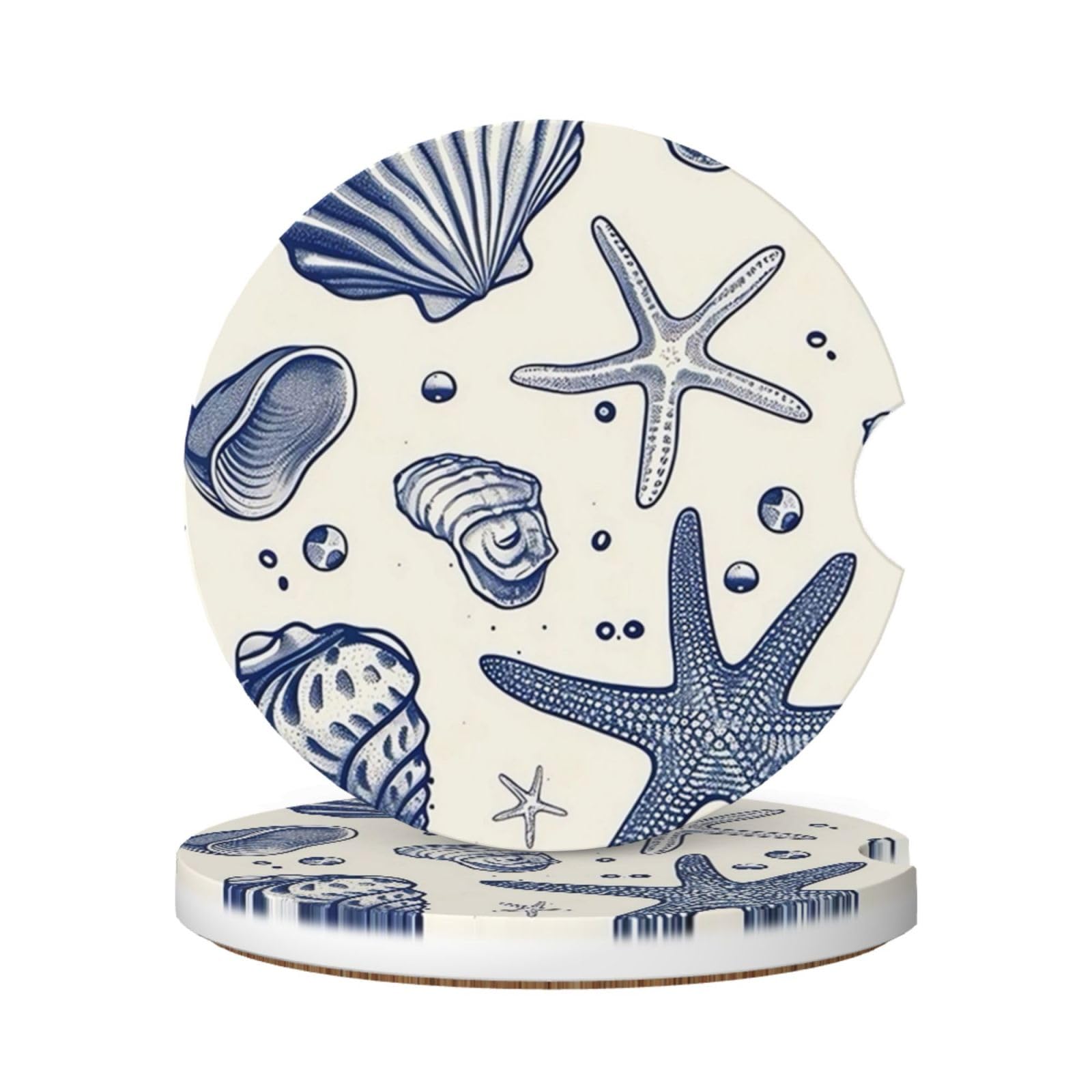 Absorbent Ceramic Car Coasters for Cup Holders, Blue Sea Starfish Shells Design 2.56" Anti Slip Universal Drink Cup Coasters for Women Men (2 Pack)