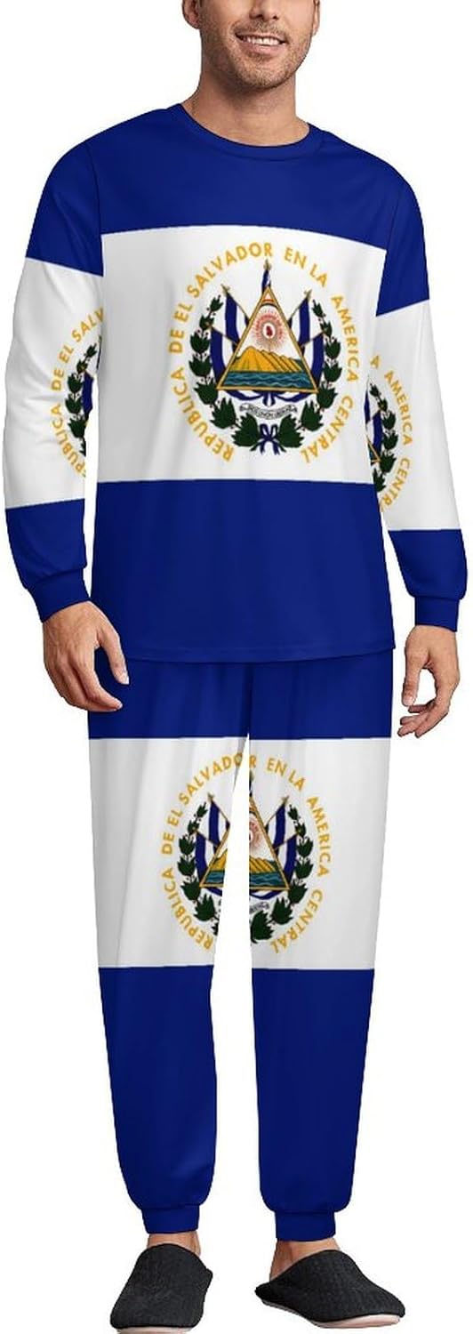 El Salvador Flag Novelty Pajamas Set for Men Long Sleeve Top And Bottom Pants Sleepwear Nightwear Lounge XL