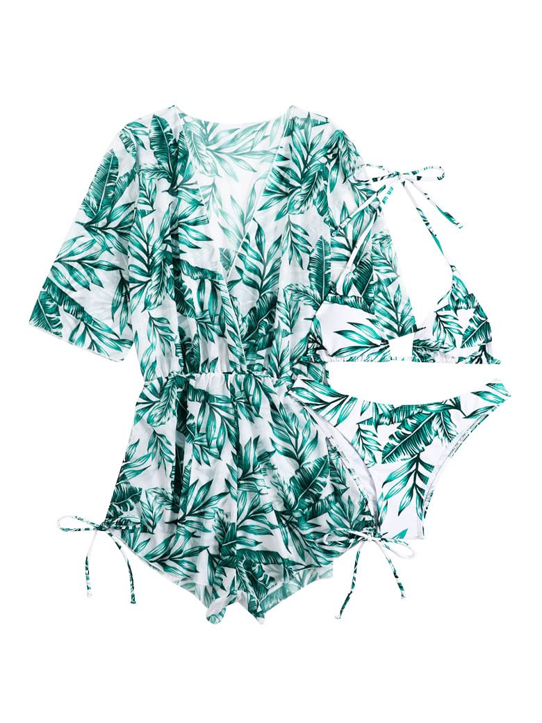 RMCMSWomens Leaves Printed Triangle Halter Bikini Bathing Suit with Cover Up 3 Piece Swimsuits