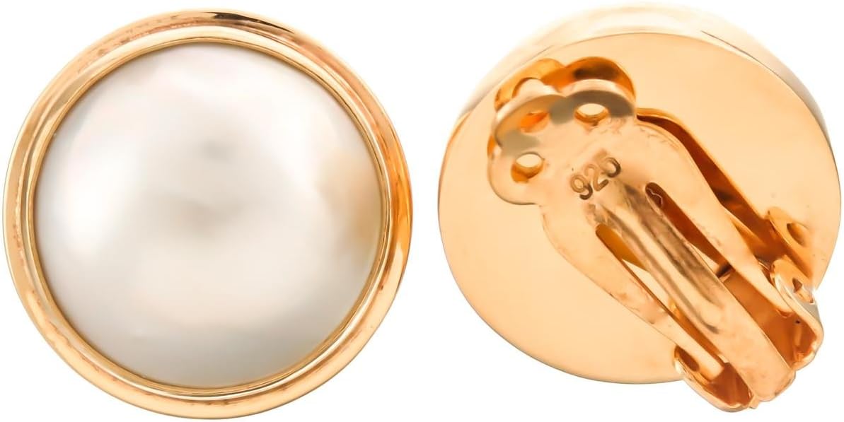 Gold Plated 925 Sterling Silver South Pacific White Mabe Cultured Pearl Clip-On Earrings