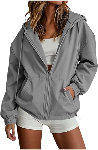 Womens Windbreaker Jacket Hood Lightweight Wind Resistant Full Zip Up Hooded Jacket for Women Loose Fit Hiking Coat