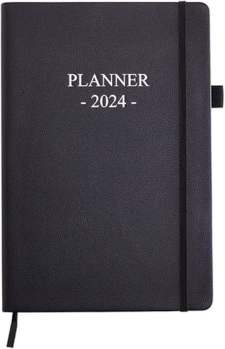 Agenda 2024 Agenda semanal con páginas mensuales, 5.6 x 8.2 pulgadas, tapa dura de cuero vegano, banda elástica y soporte para bolígrafo, color