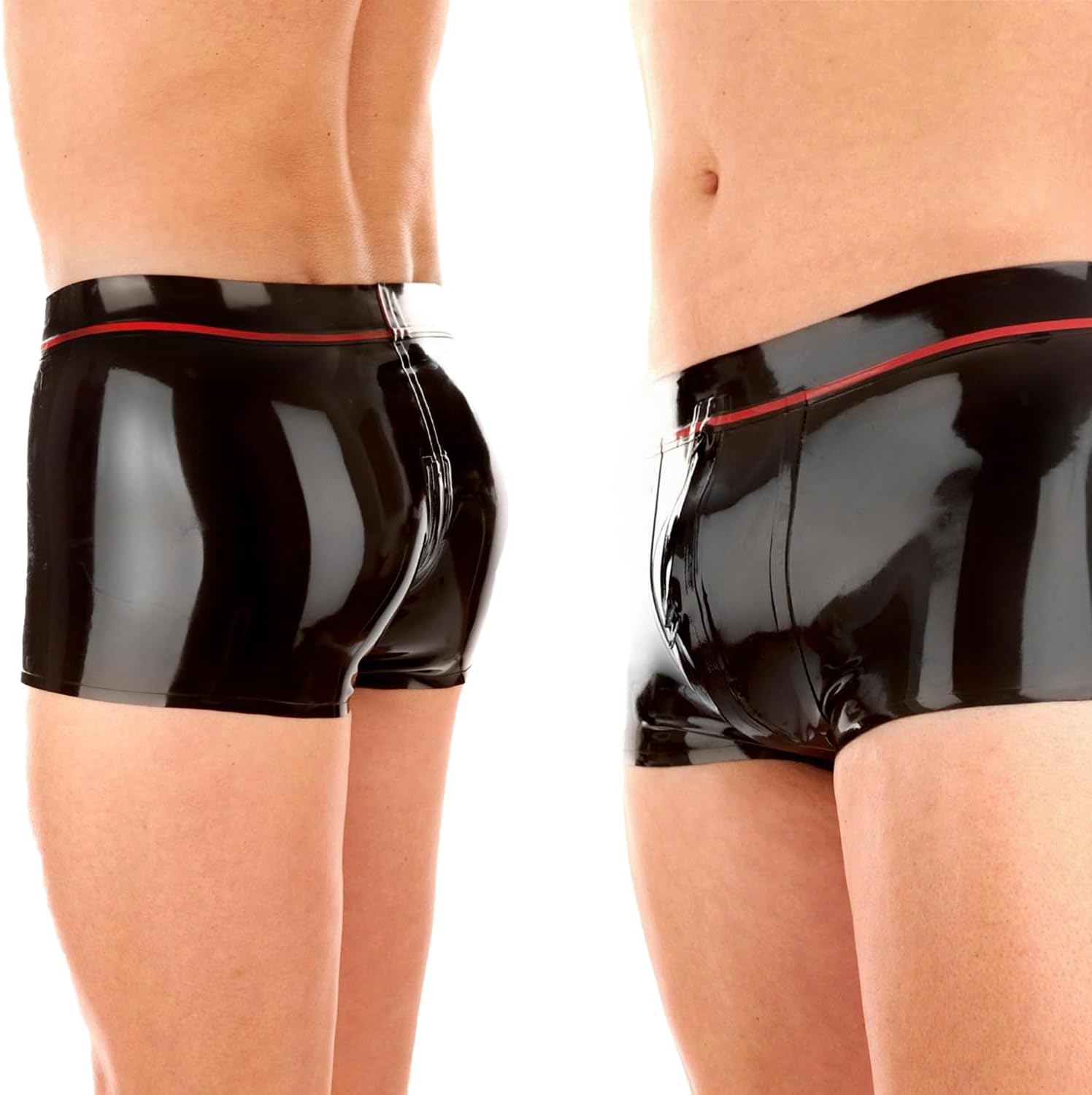 IOKUKI Latex Rubber Boxer Briefs Handmade,Latex Shorts for Men Rubber Panties with Zipper at Crotch and Red Trim