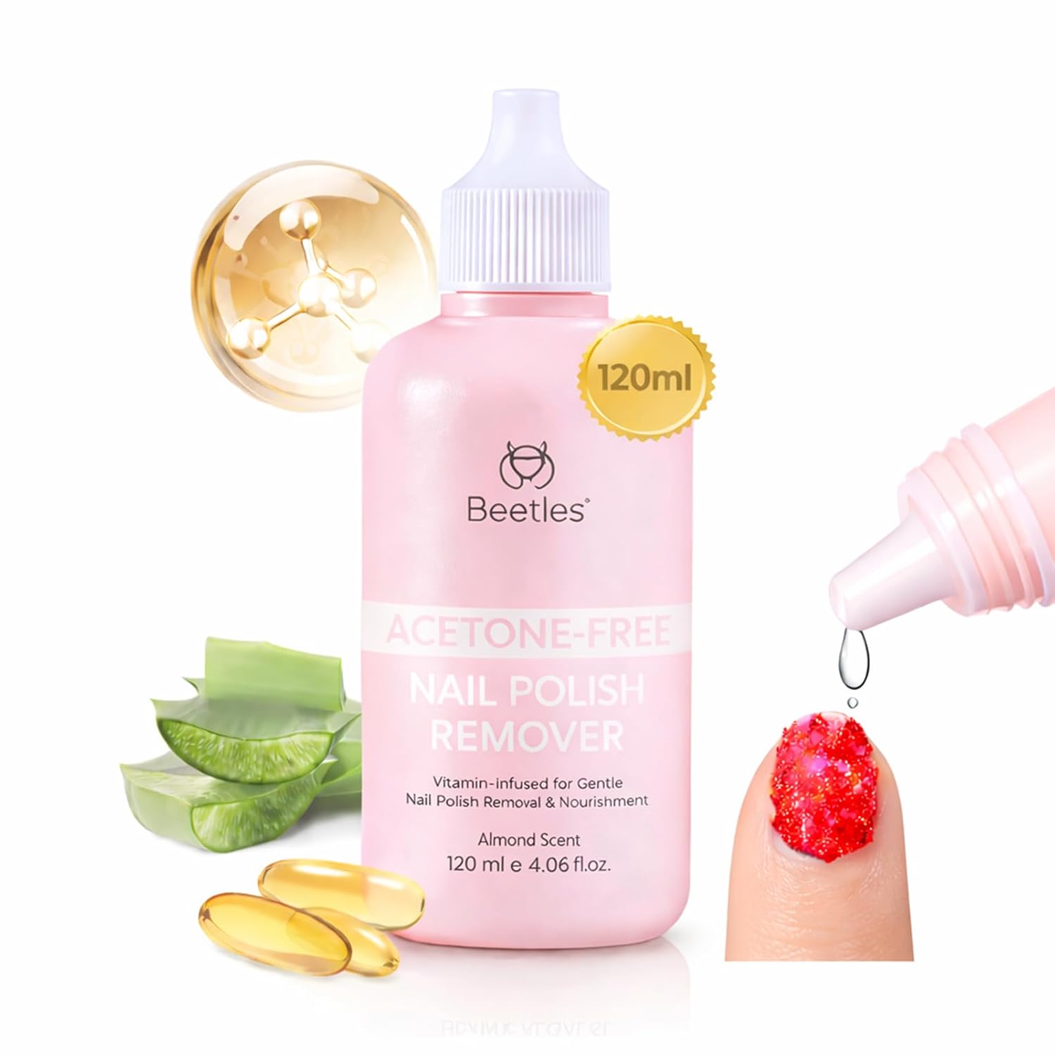 Beetles Nail Polish Remover - Non-Acetone, Fingernail Polish Remover for Natural Nails, Gentle Natural Formula with Almond Scent, Aloe Vera, Glycerin, Keratin with Controllable Bottle Mouth 4.06Fl Oz