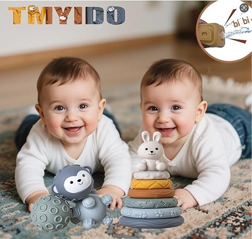 Miniatura 3 de Paquete de juguetes 3 en 1 para bebé, bloques de construcción apilables suaves, anillo de dentición y bolas sensoriales para recién nacidos a 18