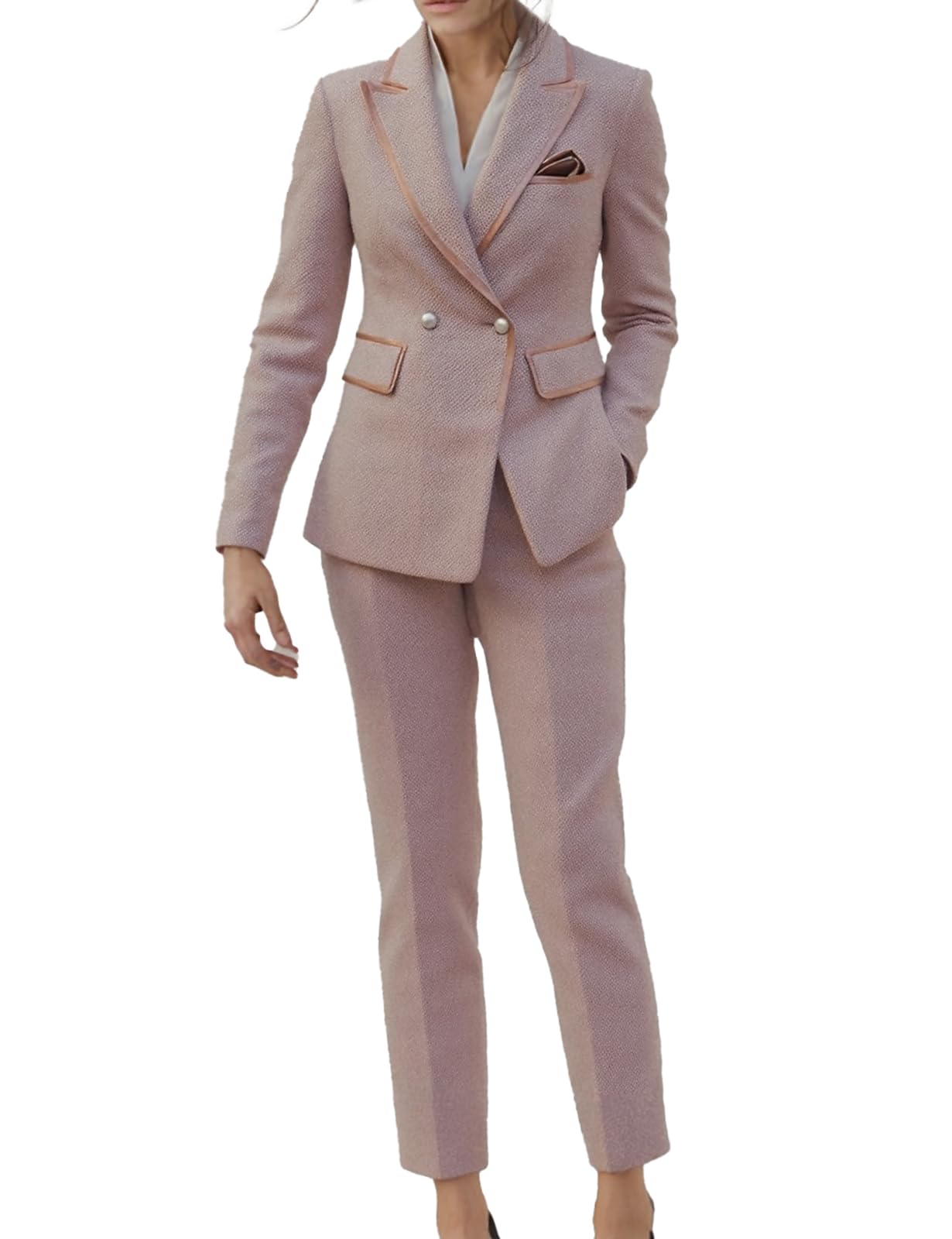 Womens Soft Pink Tweed Suit Set Elegant Double-Breasted Blazer and Slim Pants with Pearl Buttons Business Casual