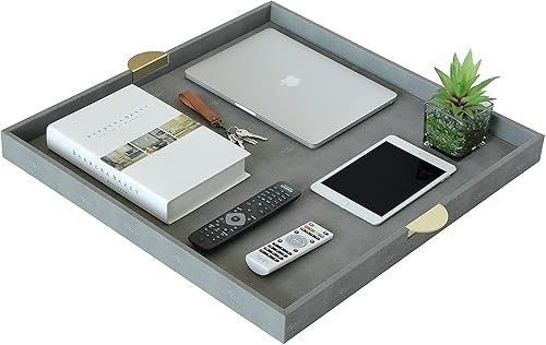 Miniatura 4 de HofferRuffer Bandeja cuadrada extragrande para servir, elegante bandeja otomana de piel sintética con asas doradas, para servir té, café o desayuno