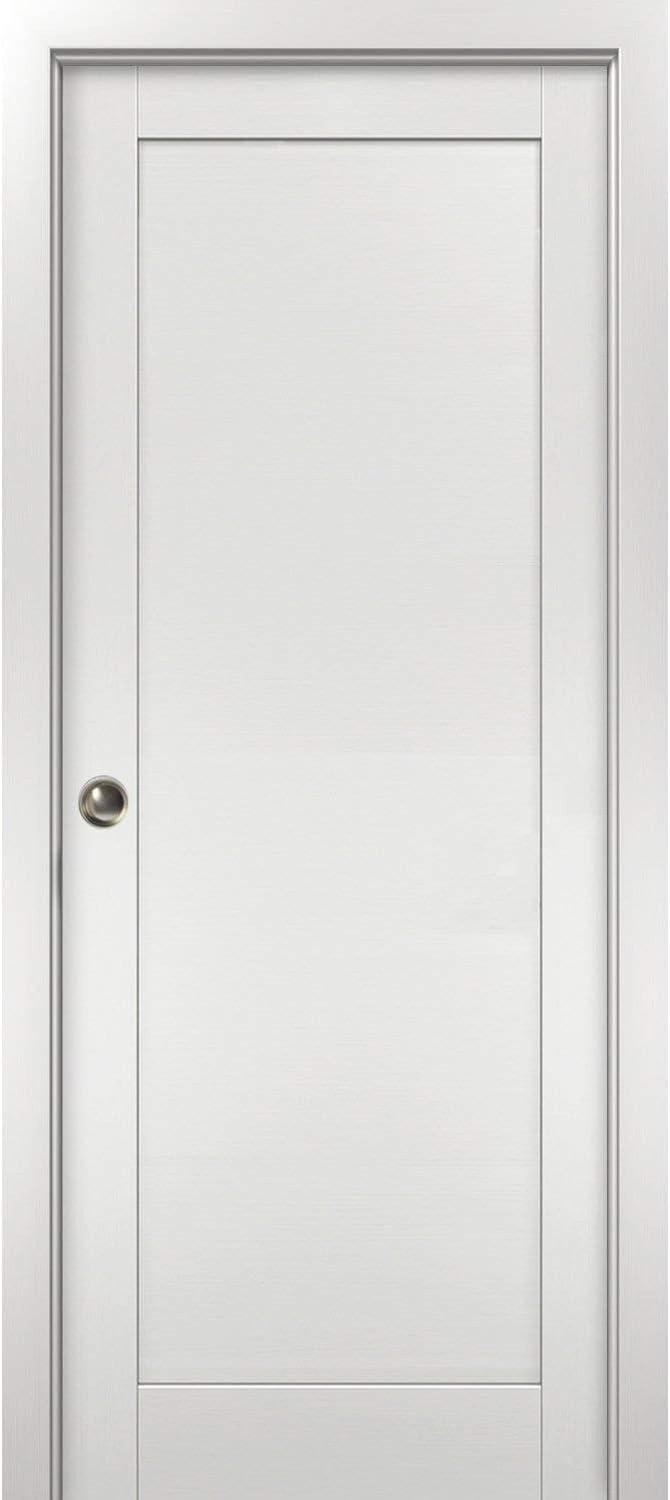 Modern Pocket Door 32 x 84 with Frames | Quadro 4111 White Ash | Kit Trims Rail Hardware | Solid MDF Interior Bedroom Sliding Closet Sturdy Doors