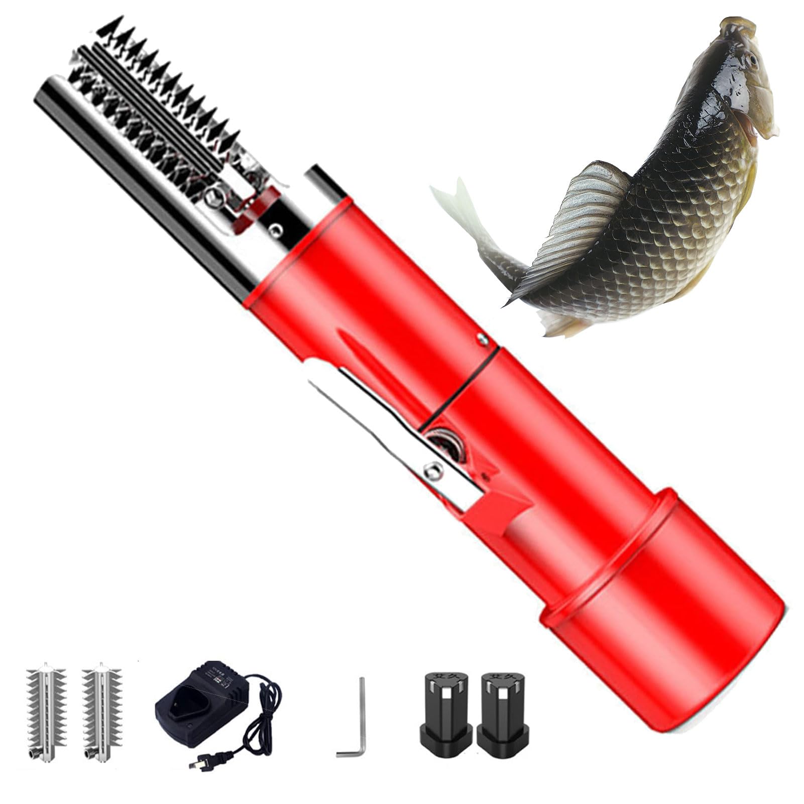 Scaler elettrico per pesci, senza fili, ricaricabile, impermeabile, strumento di pulizia del pesce con batteria e lama sostituibili, adatto per chef e uso domestico. rosso