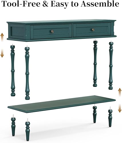 Miniatura 3 de ARTPOWER Mesa consola para entrada con 2 cajones, montaje mínimo, mesa de entrada retro verde con armarios de almacenamiento y estante abierto, mesa