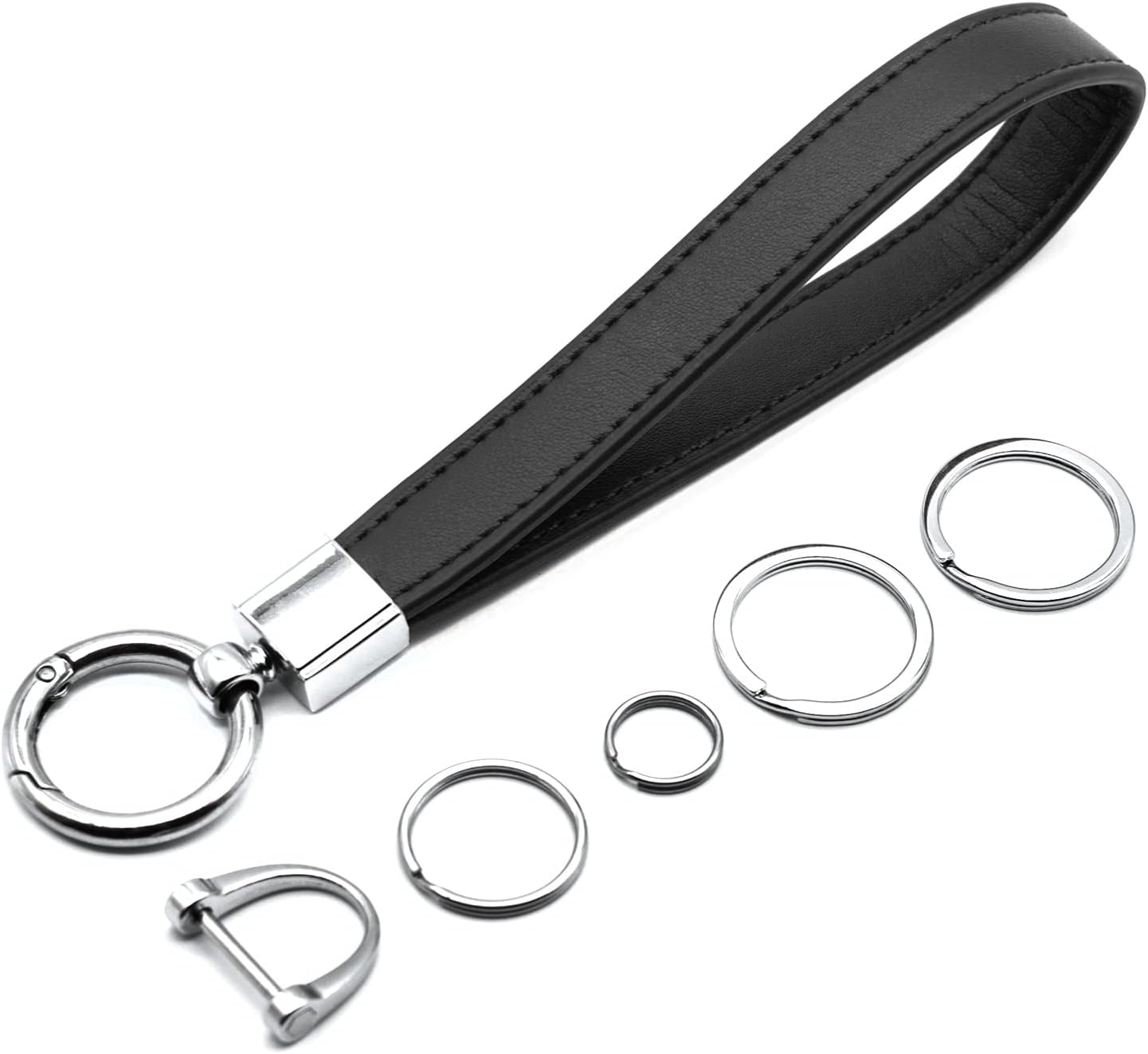 MECHCOS Car Key Fob Keychain Holder Genuine Leather Wristlet Loop Key Chain Circle Carabiner Clip for Men and Women with Anti-Lost D Ring, Screwdriver, 4 Key Rings, 360 Degree Rotatable, Black