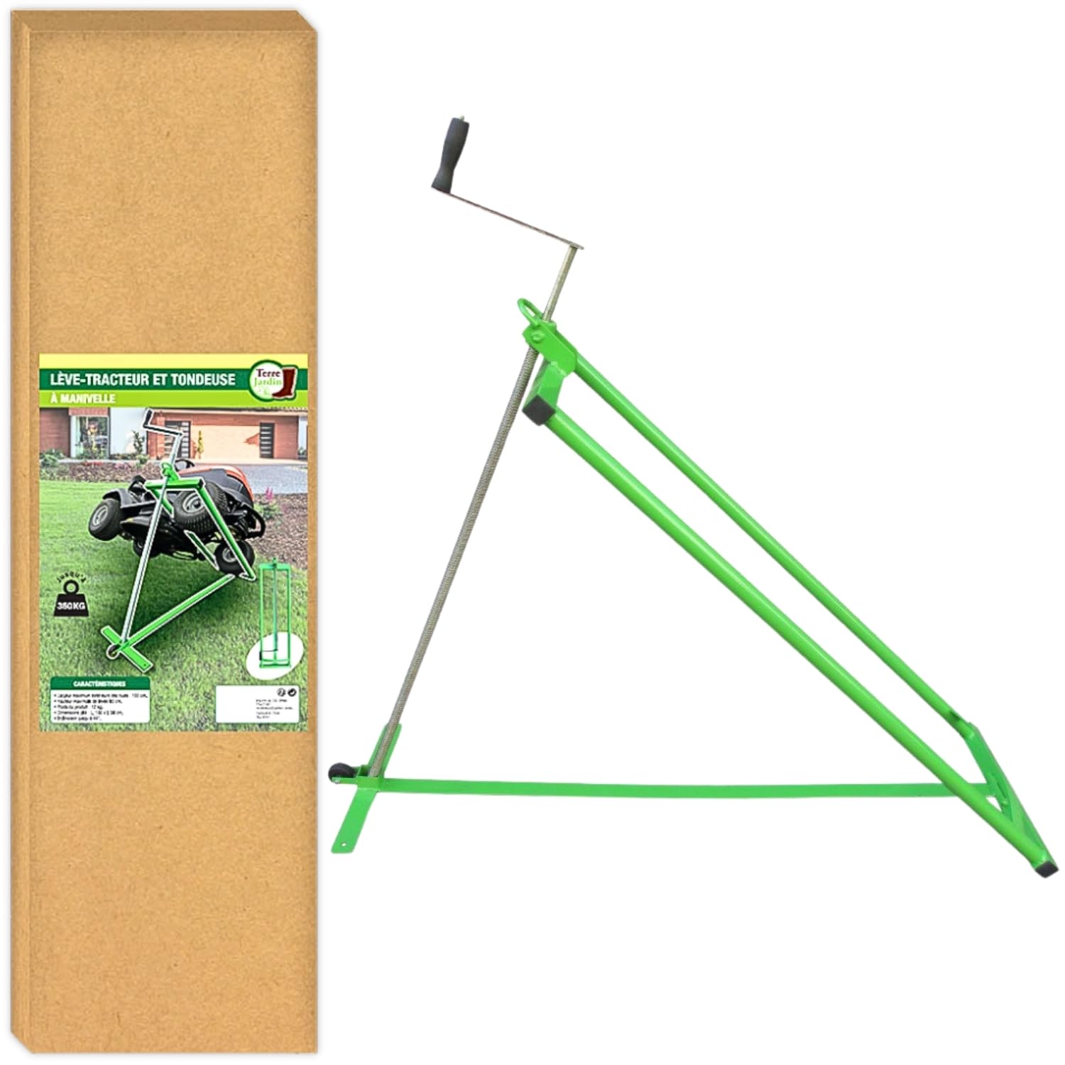 TERRE JARDIN - Lève Tracteur Tondeuse, Pliable à roulettes, avec Treuil, Cric de Levage 350 kg, Inclinaison 44°, Hauteur Max 80 cm - Lève Tondeuse à Gazon Tracteur, Stable et Robuste
